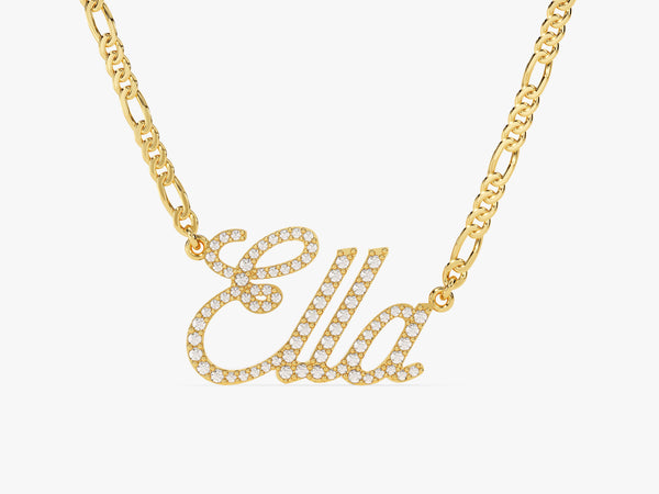 14k Solid Gold Figaro Chain Mother's Diamond Name Necklace