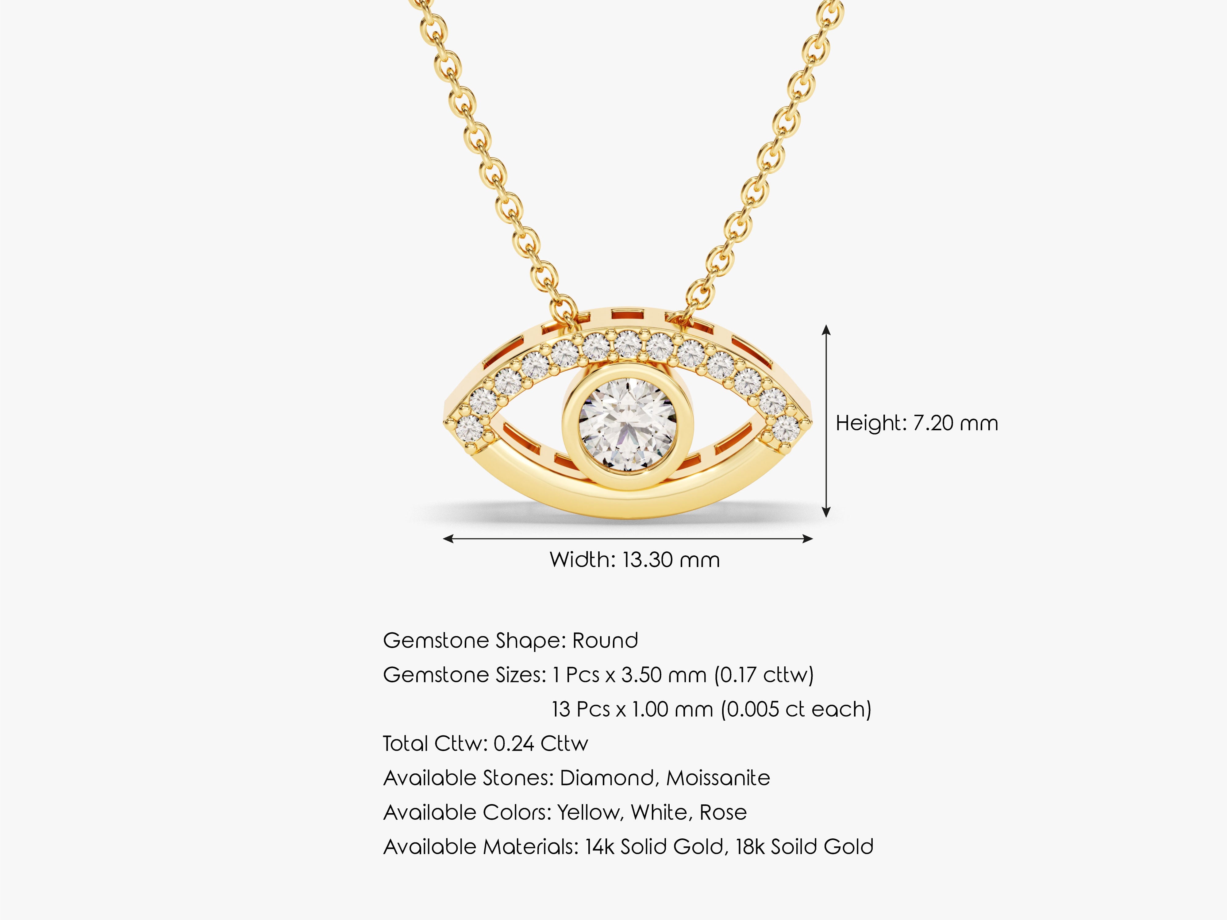 Gold evil eye necklace with diamonds and a central gemstone