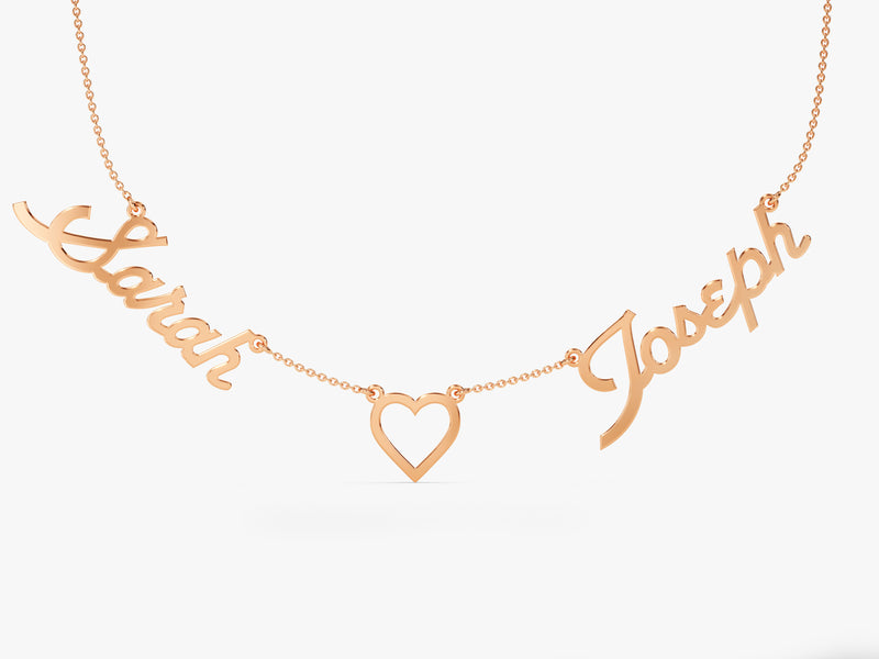 Double Name Heart Necklace in 14k Solid Gold
