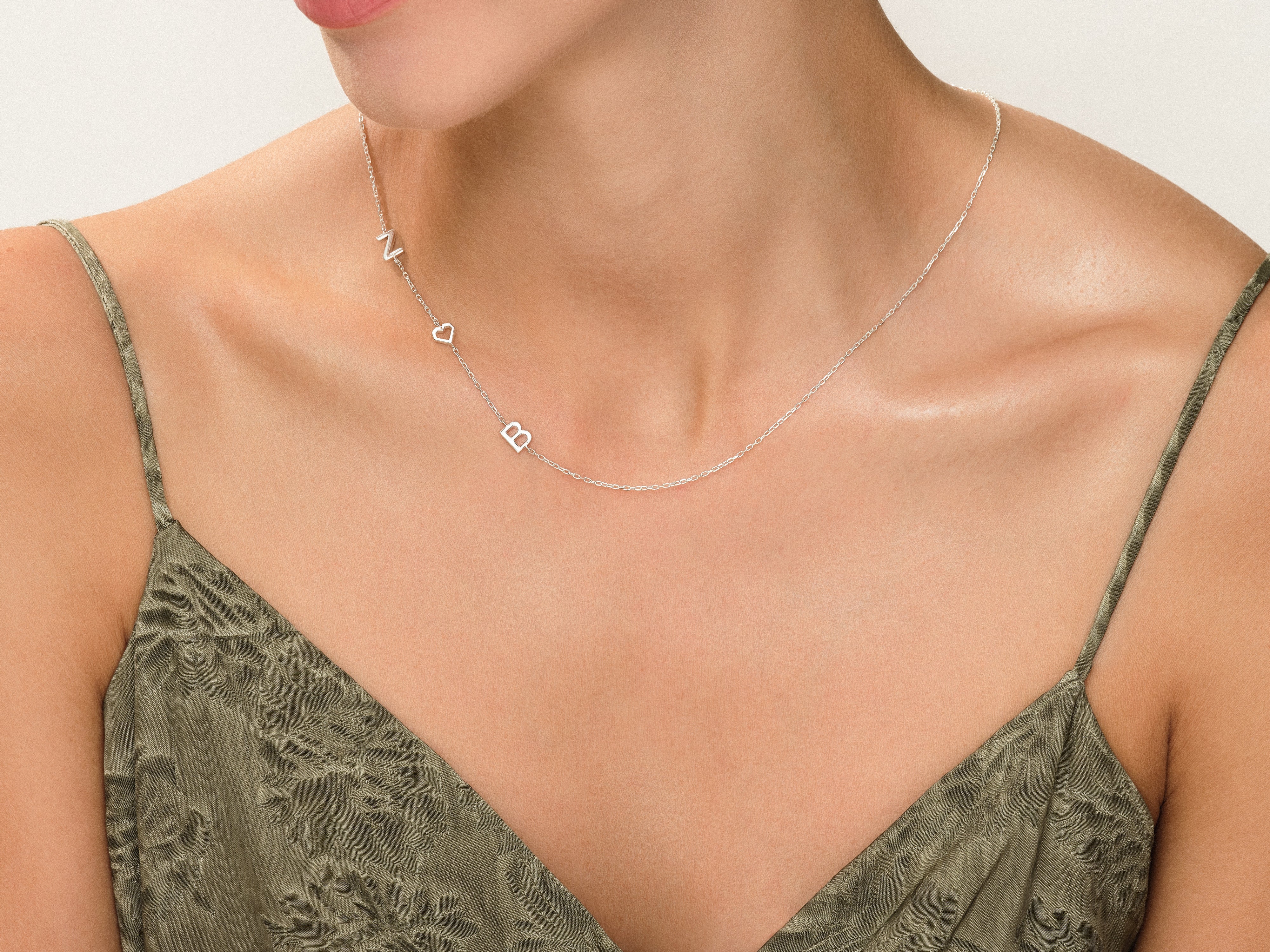 Silver initial necklace with heart charm for women