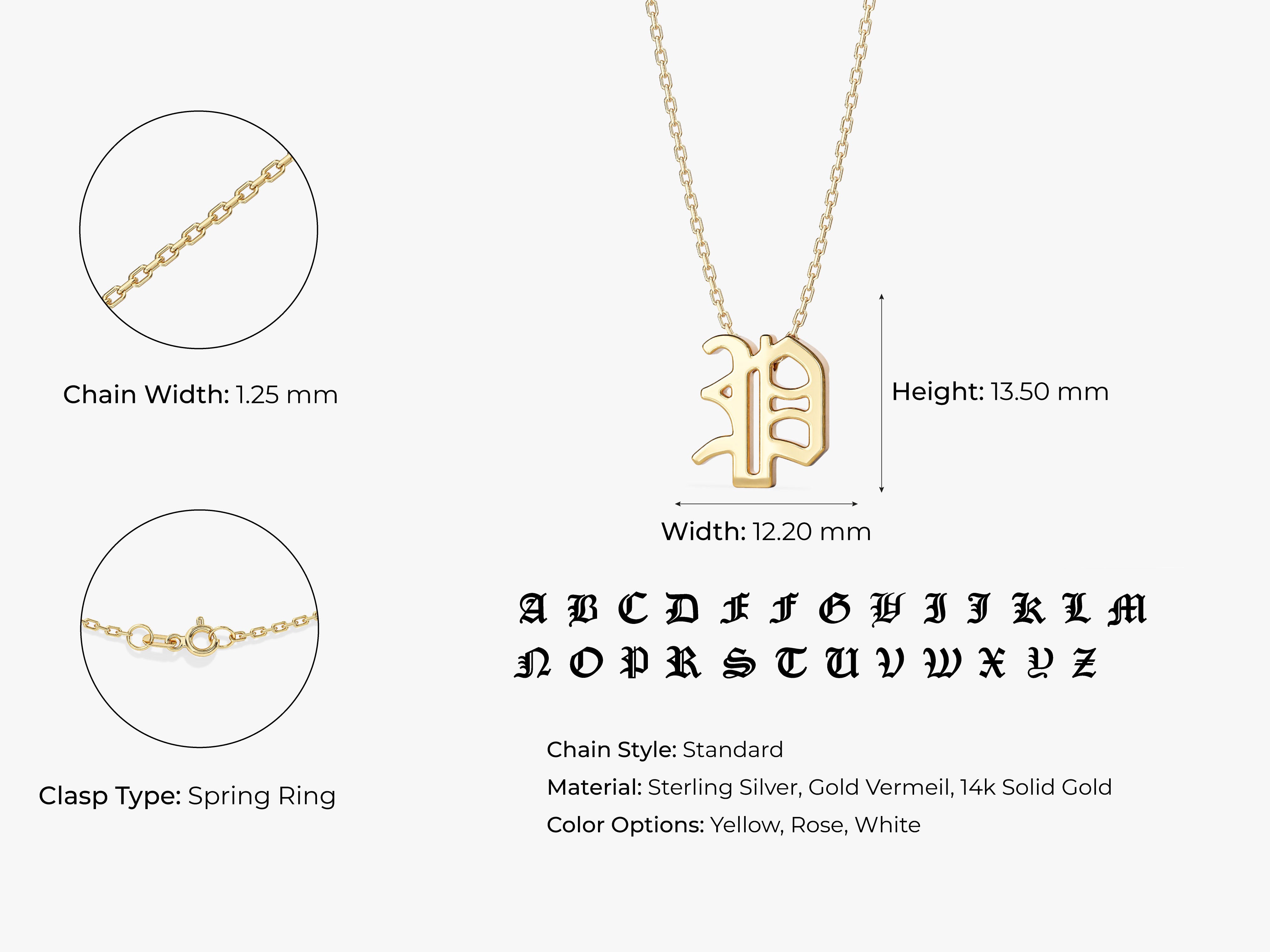 Gothic initial necklace, gold vermeil, sterling silver, 14k solid gold