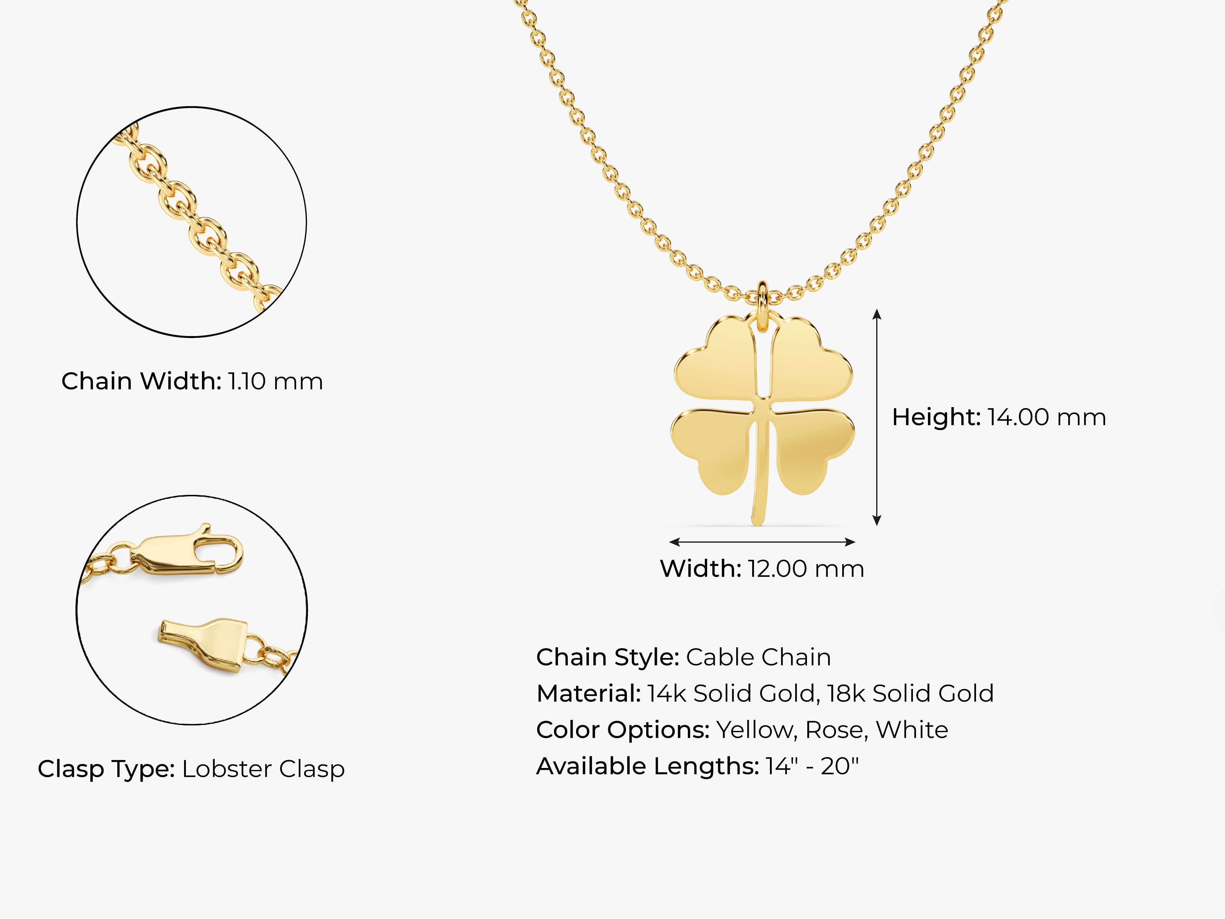 Gold four-leaf clover necklace, 14k solid gold, jewelry