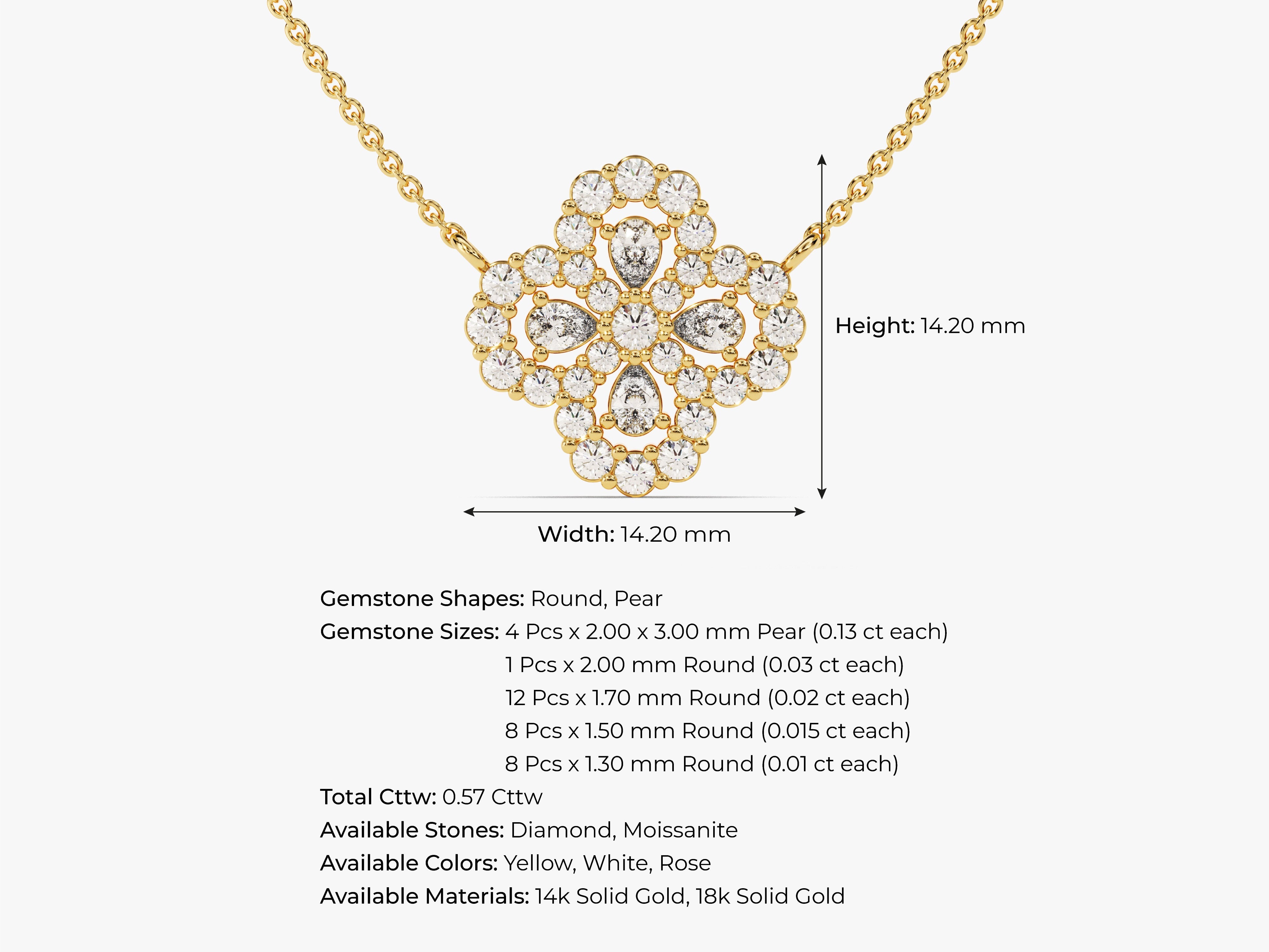 Diamond and moissanite necklace, 14k gold, clover design