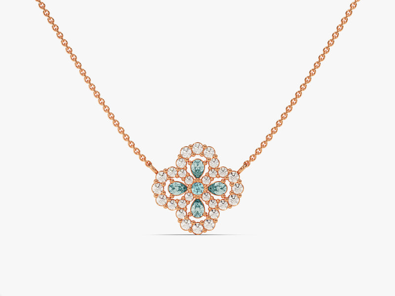 Four-Leaf Clover Aquamarine Necklace in 14k Solid Gold