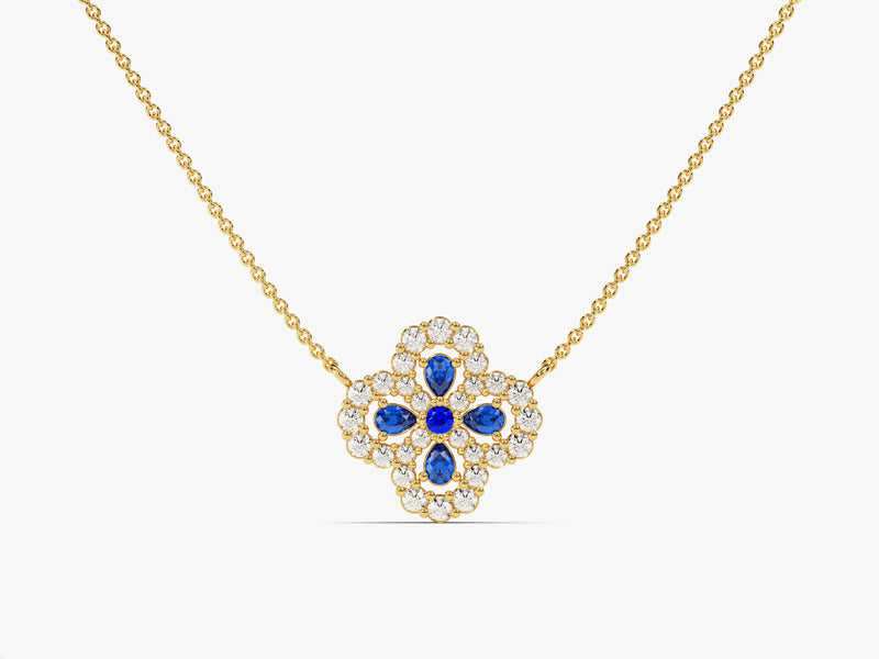 Four-Leaf Clover Sapphire Necklace in 14k Solid Gold