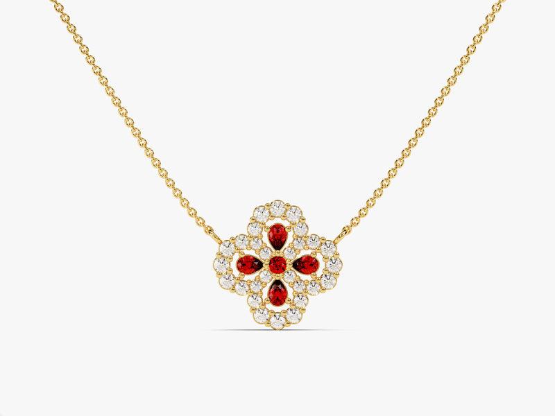 Four-Leaf Clover Garnet Necklace in 14k Solid Gold