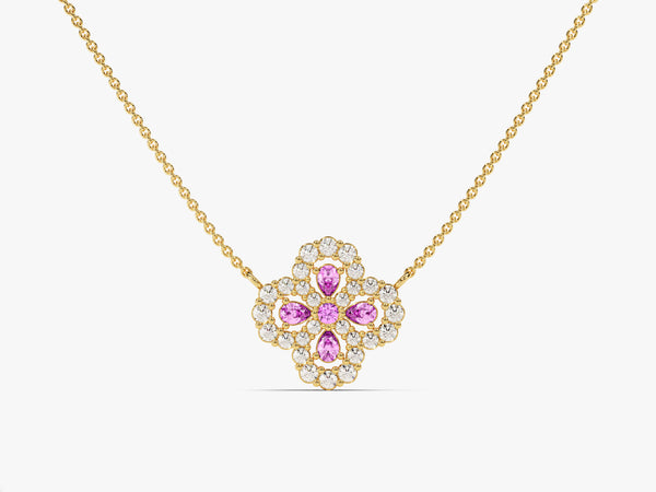 Four-Leaf Clover Pink Tourmaline Necklace in 14k Solid Gold