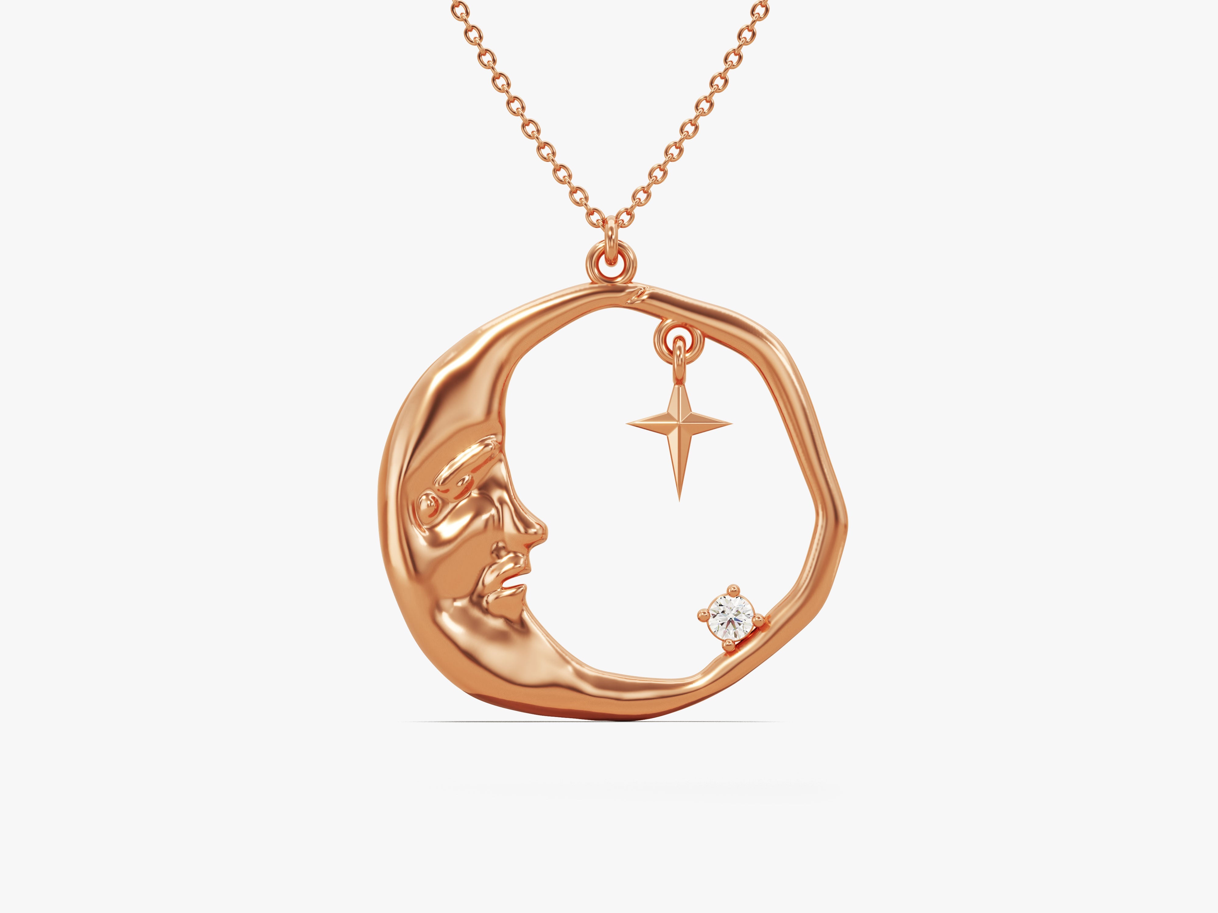 Rose gold crescent moon necklace with star and diamond charm