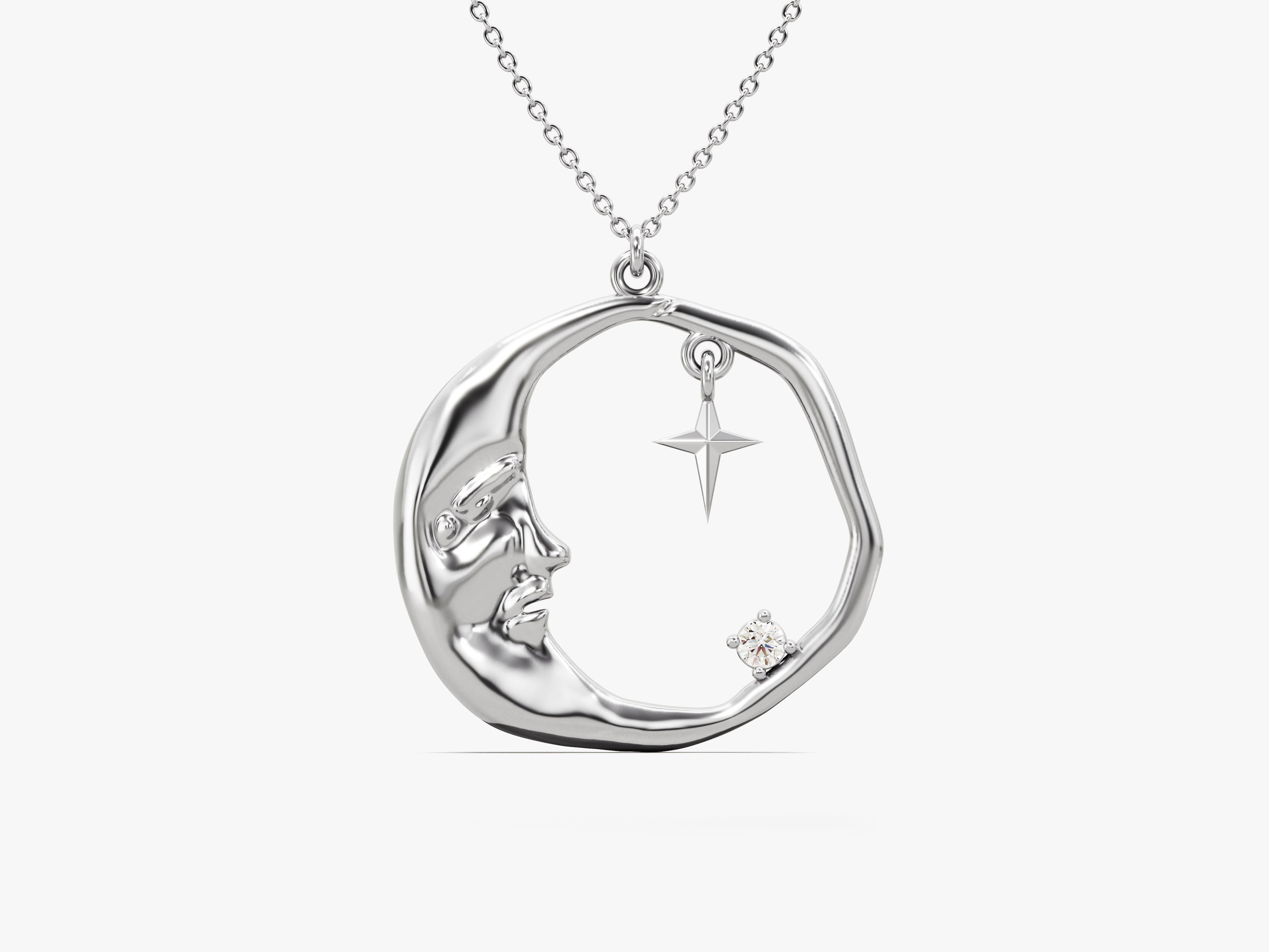 Silver crescent moon necklace with star and diamond charm