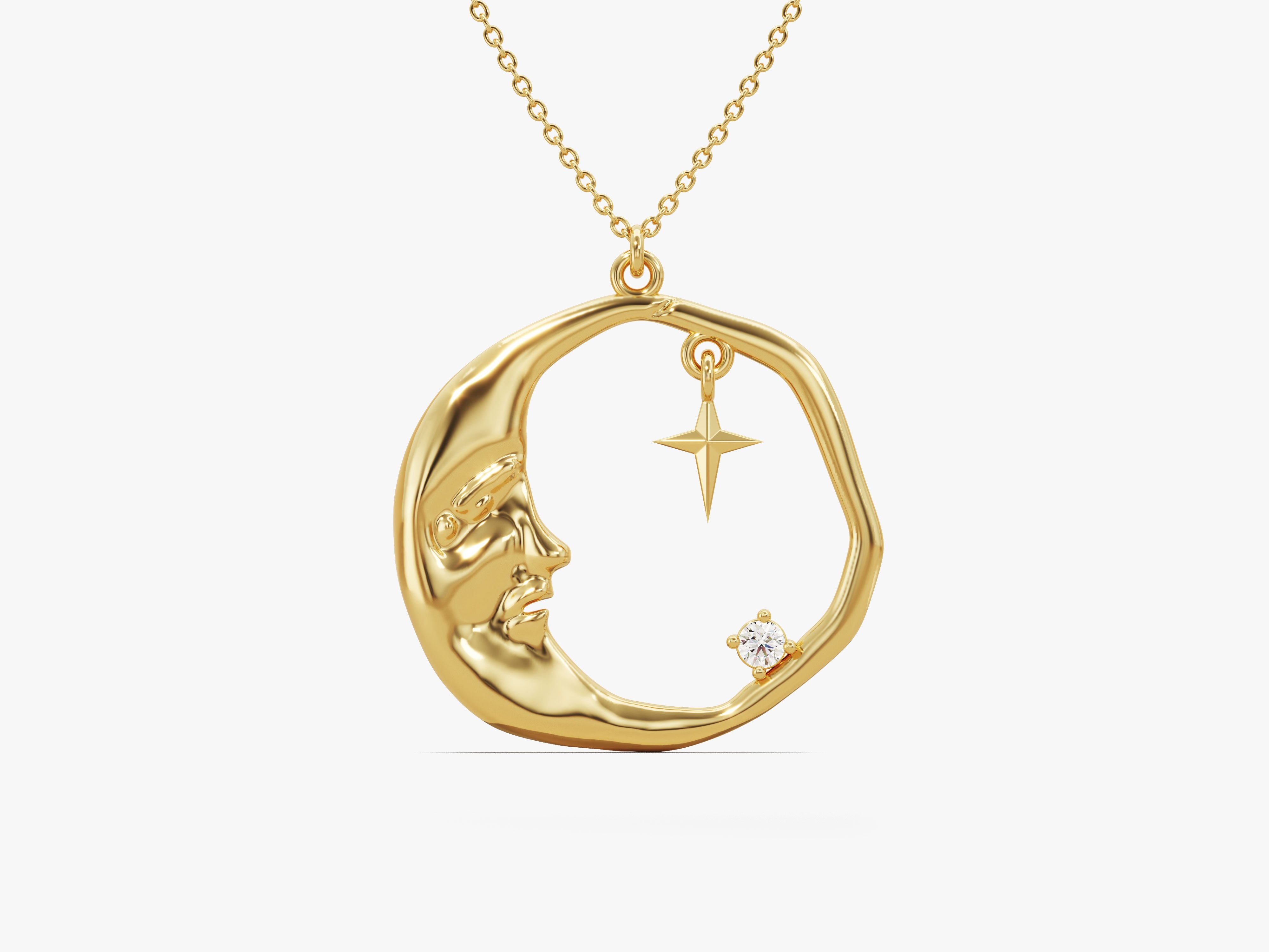 Gold crescent moon necklace with star and diamond accent