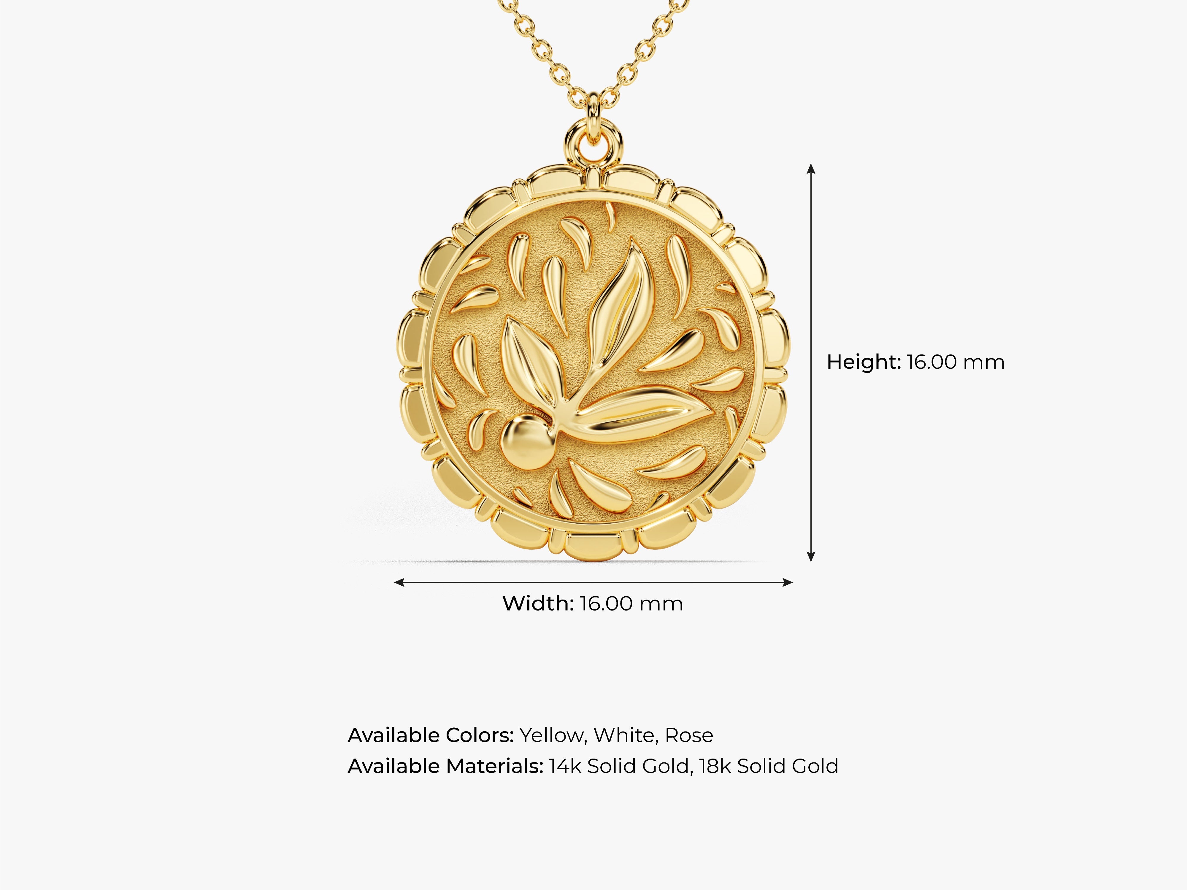 Gold leaf pendant necklace, 16mm, available in yellow, white, rose gold
