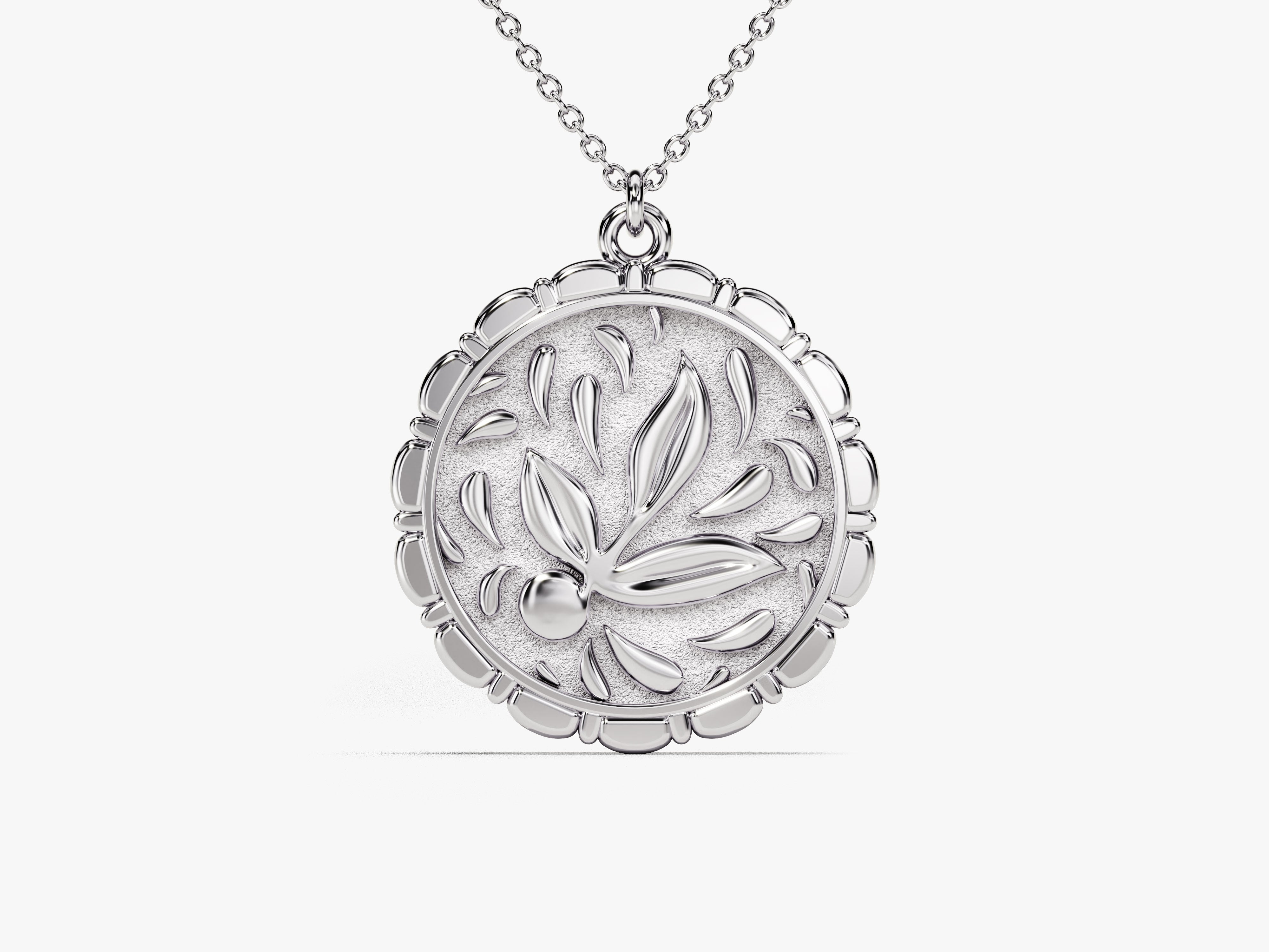 Silver pendant necklace with floral leaf design, jewelry