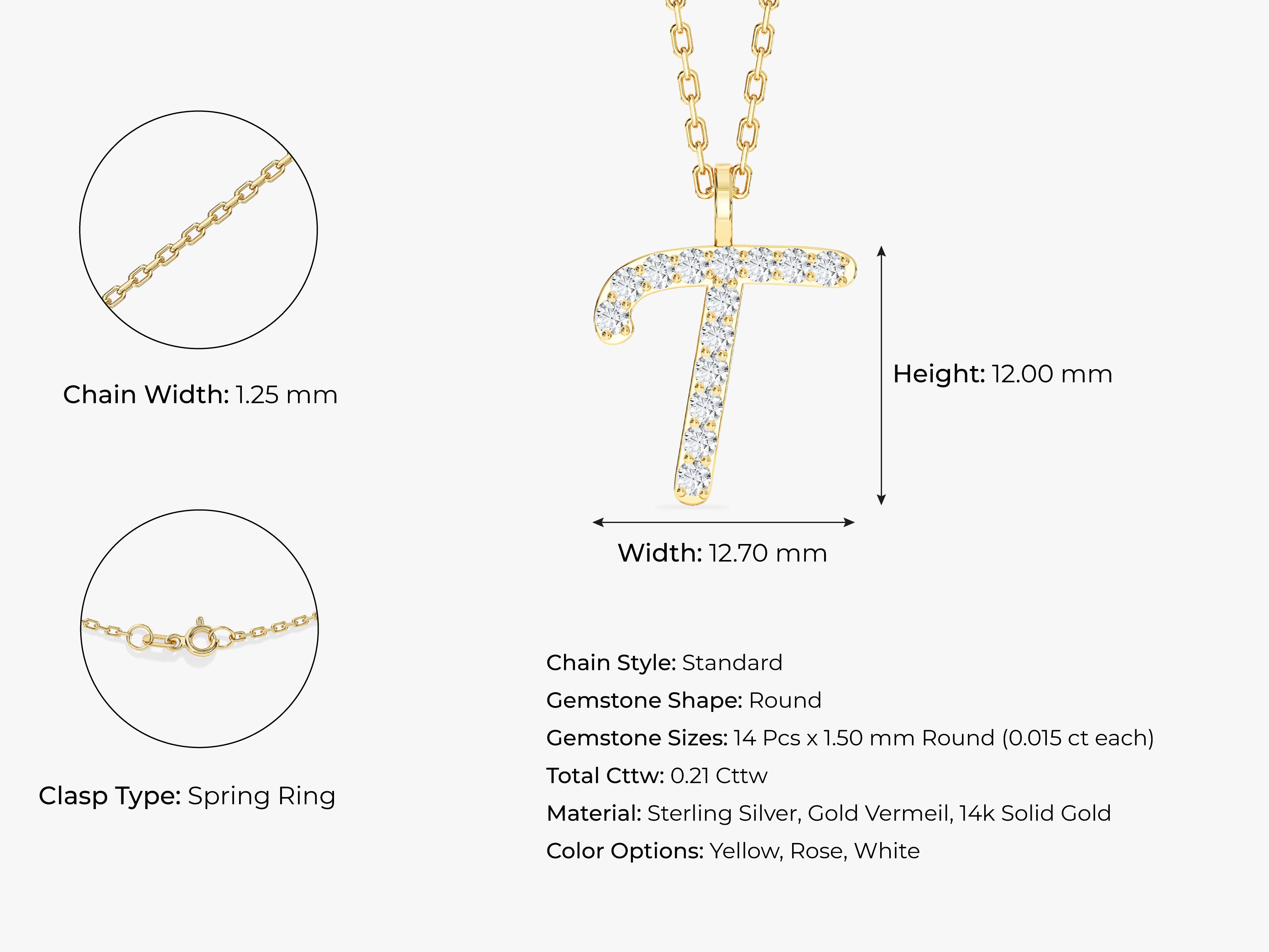 Diamond letter T necklace, gold vermeil, sterling silver, 14k gold