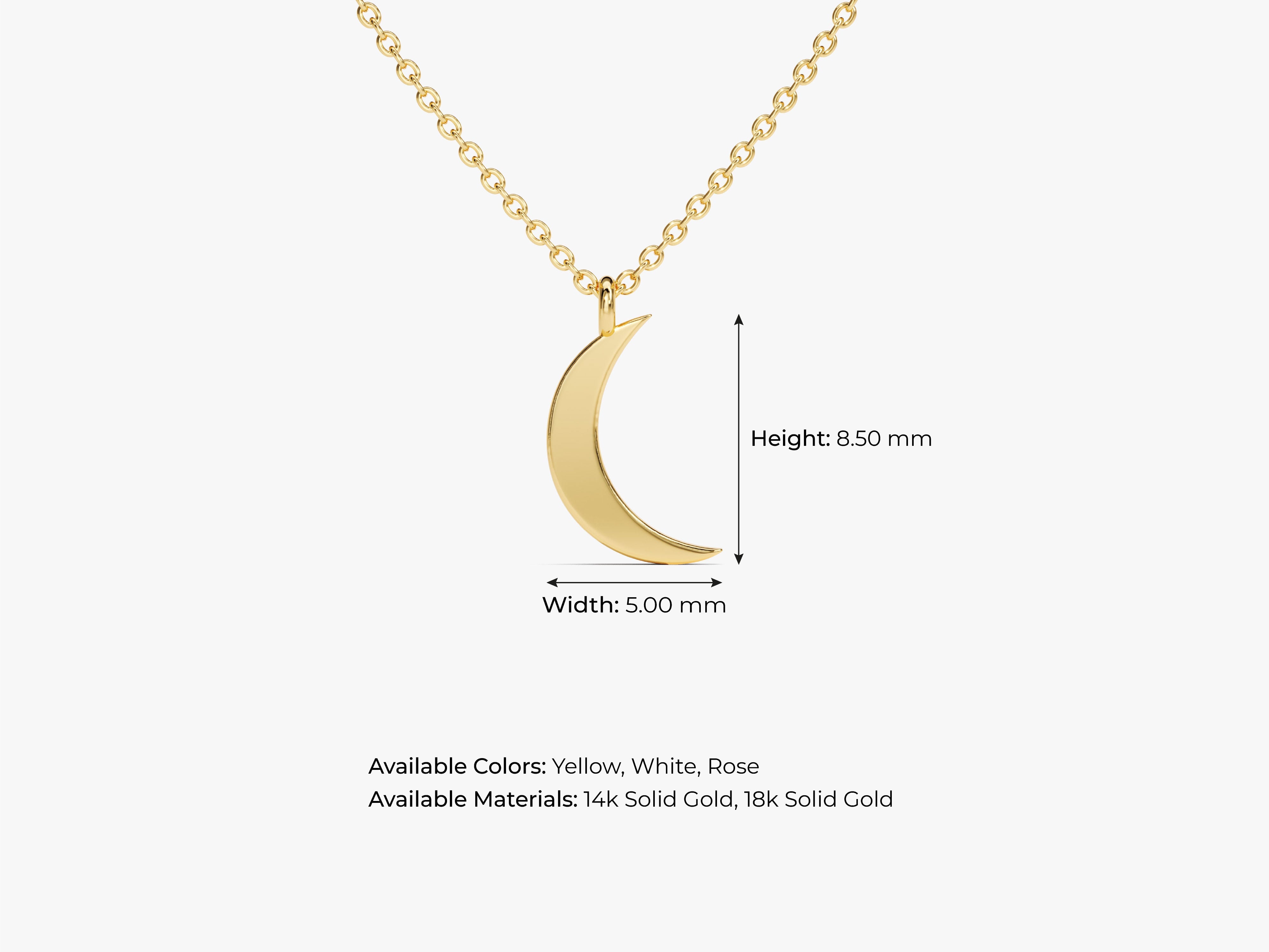 Gold crescent moon necklace, available in yellow, white, rose gold