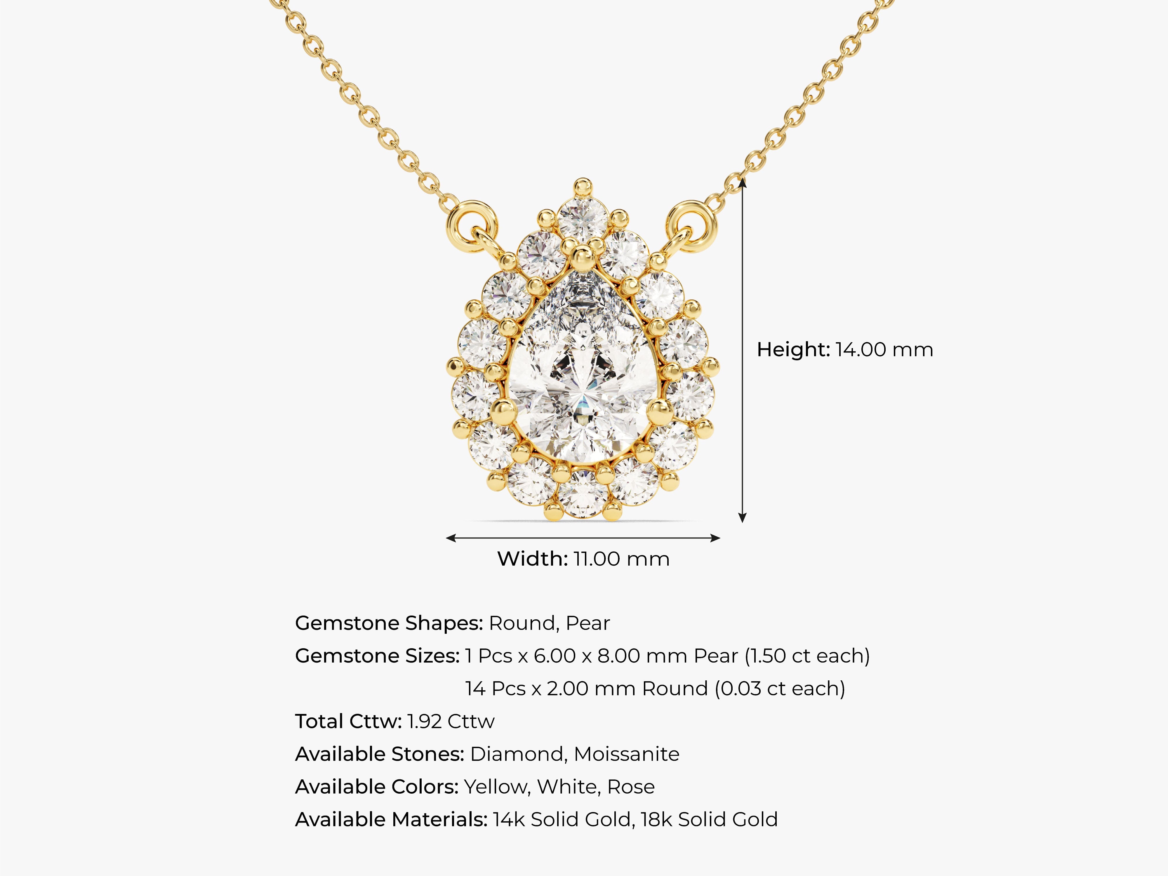 Pear and round diamond halo necklace in yellow gold