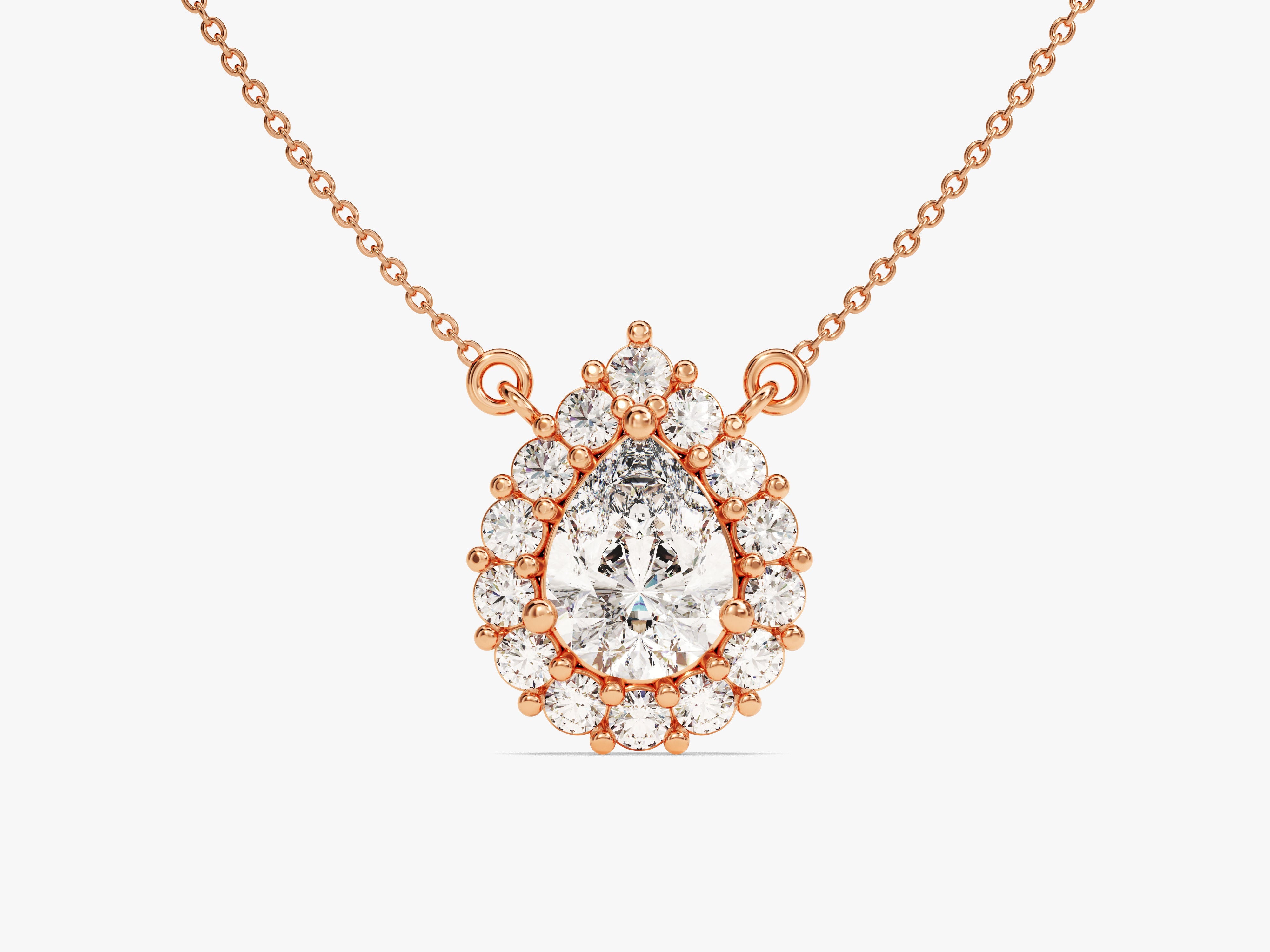 Rose gold pear-shaped diamond halo necklace for jewelry lovers