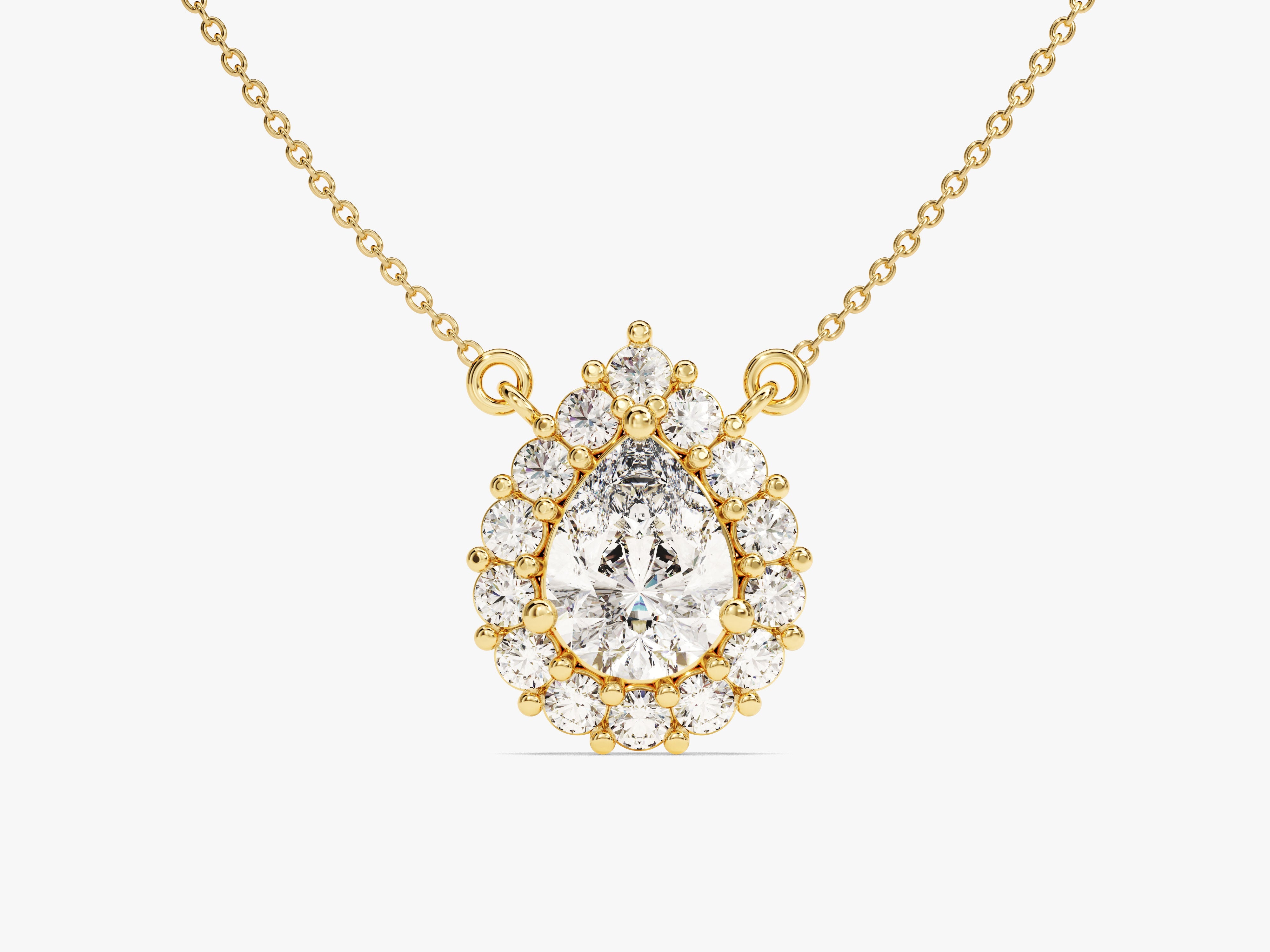Gold pear-shaped diamond halo necklace for jewelry lovers
