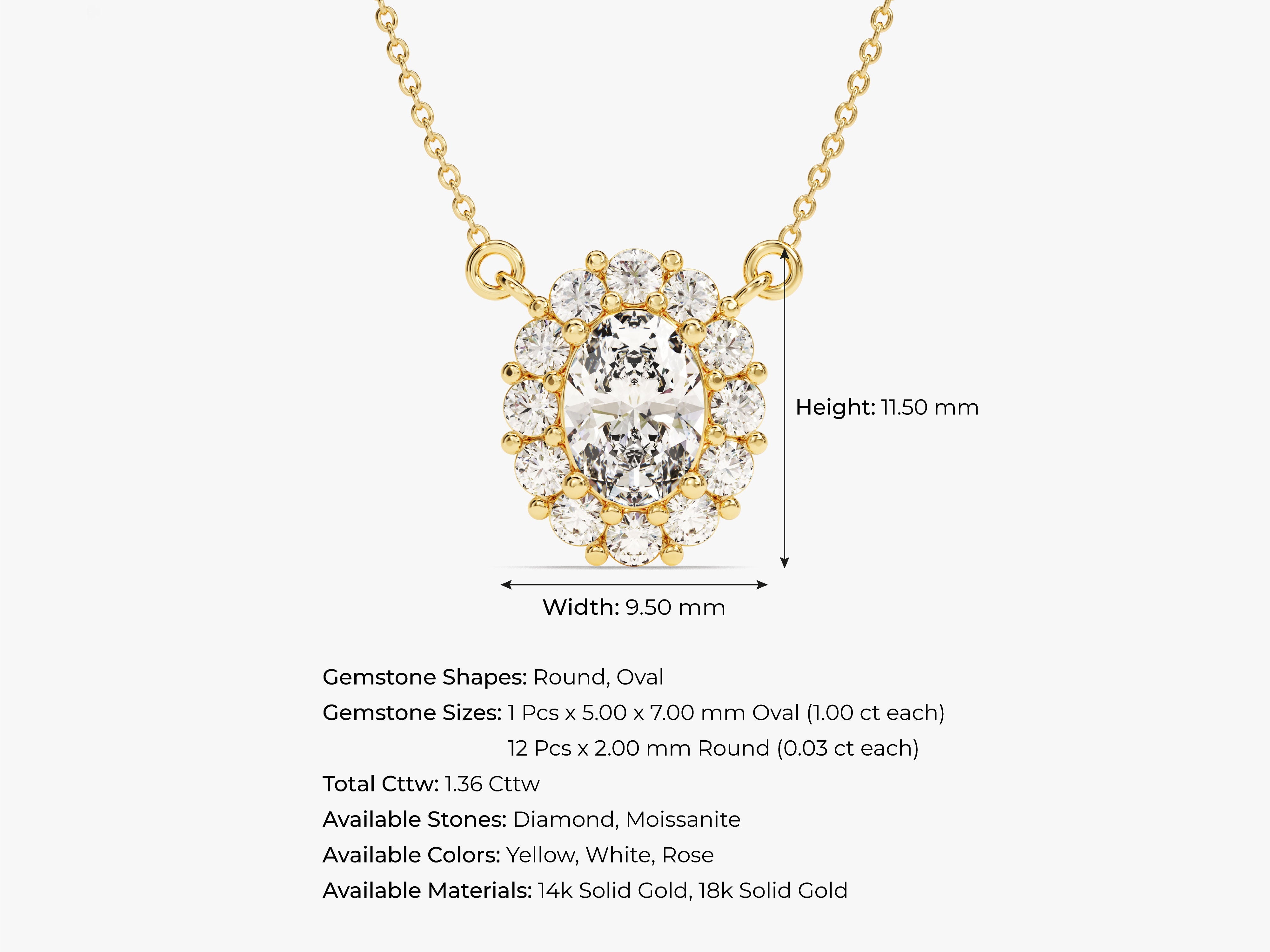 Oval diamond halo necklace in yellow gold, jewelry gift