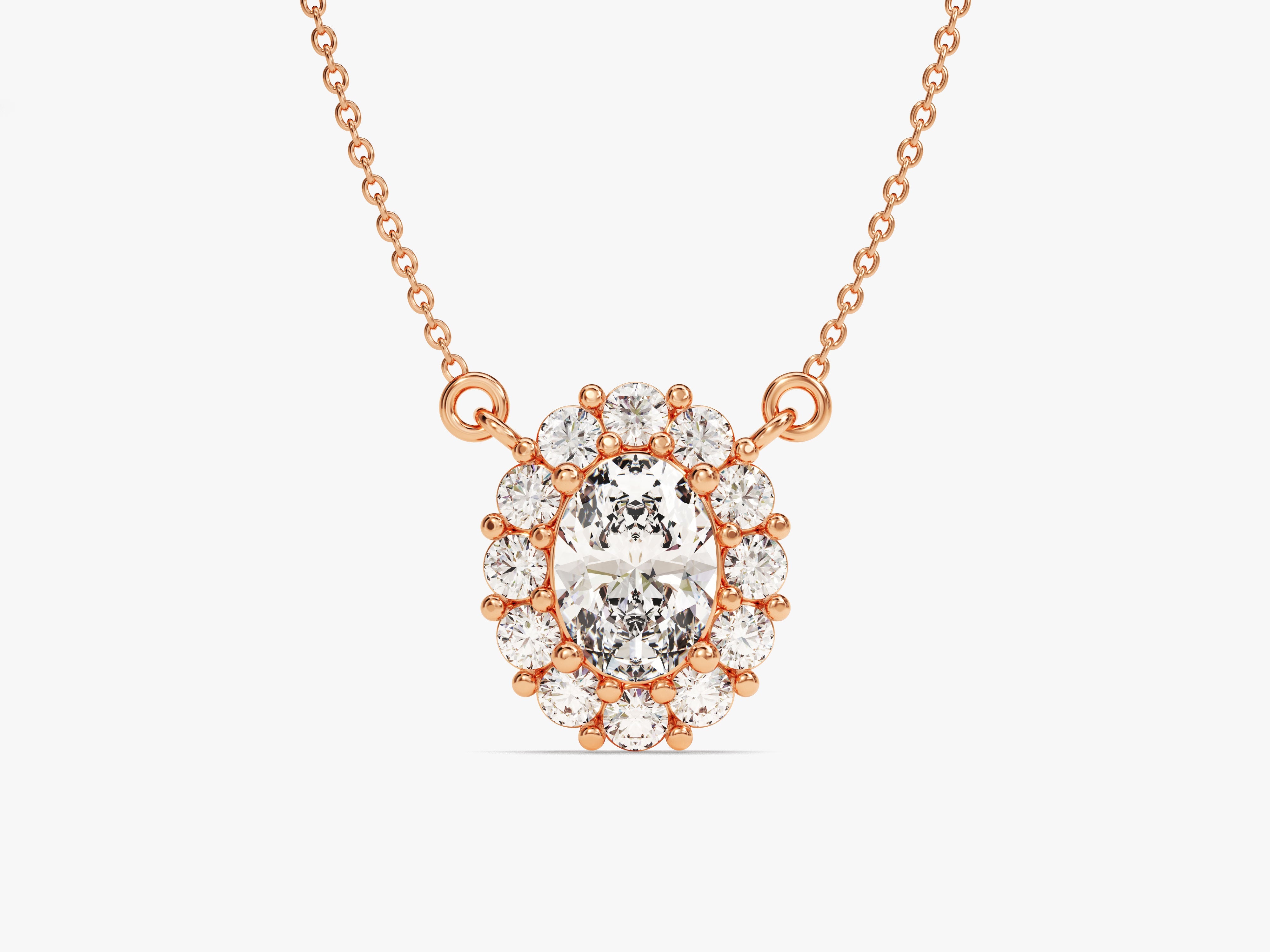 Rose gold oval diamond halo necklace for jewelry lovers