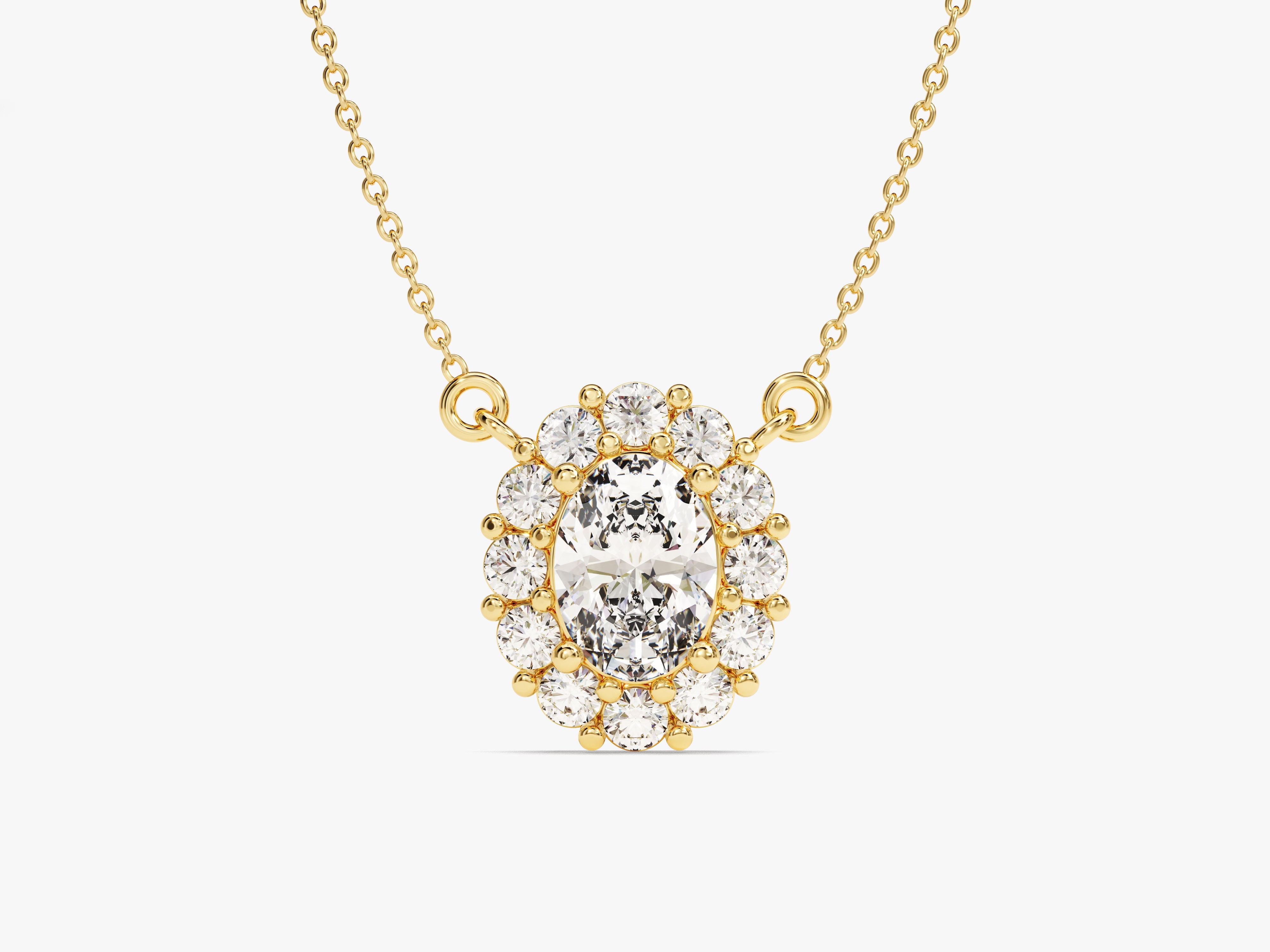 Gold oval diamond halo necklace for jewelry firm