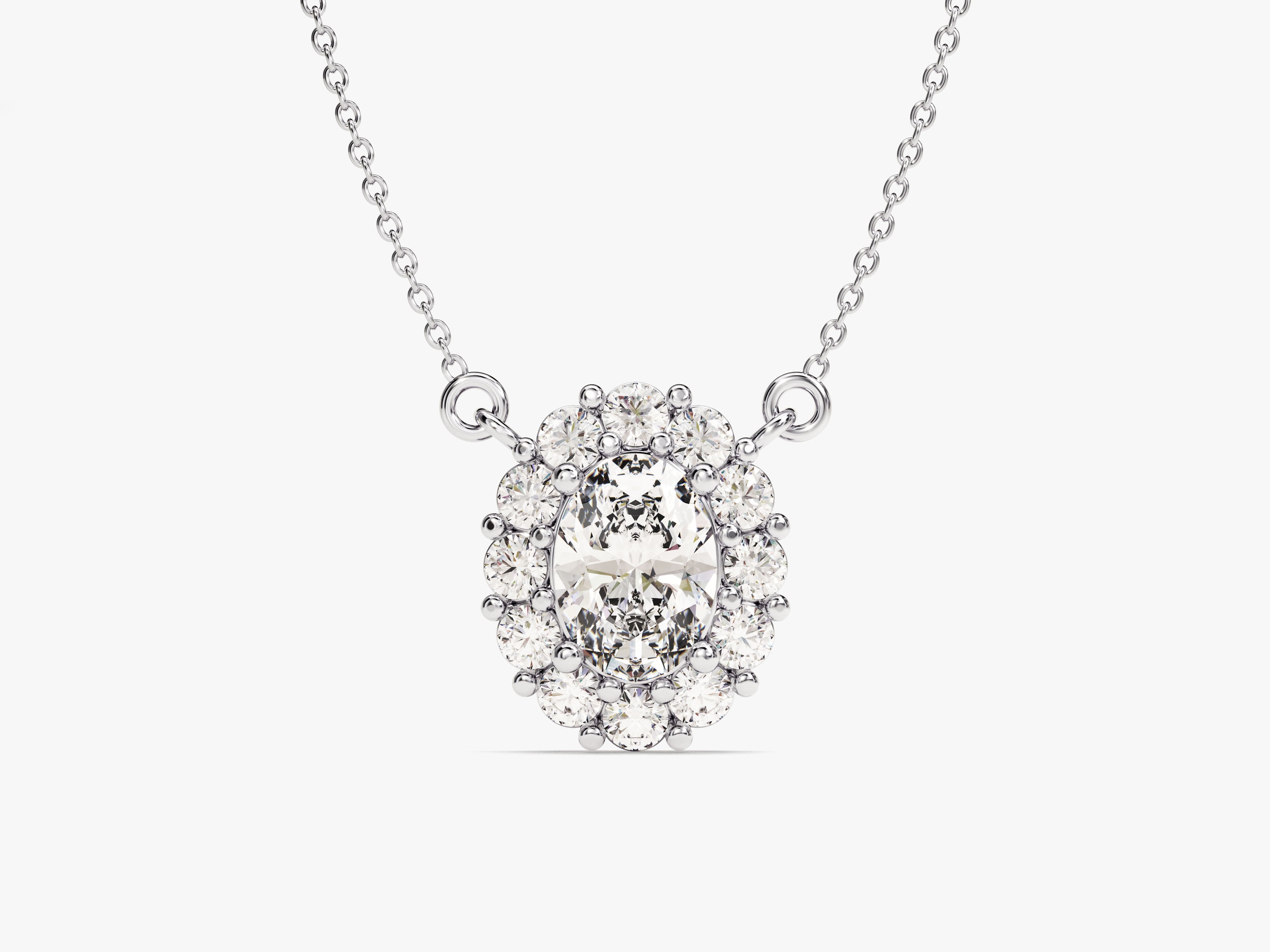 Oval diamond halo necklace, fine jewelry, white gold chain