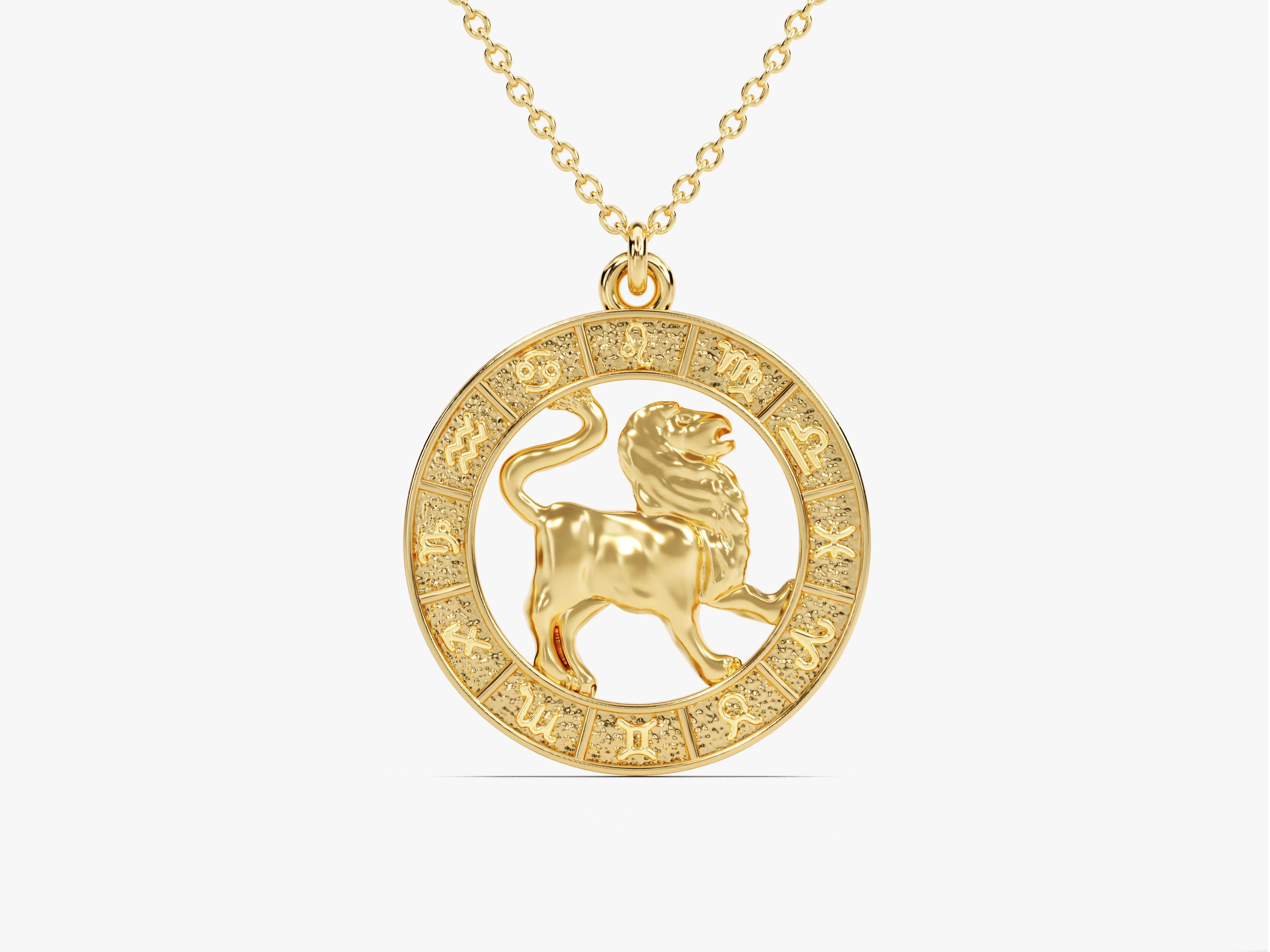 Gold Leo zodiac pendant necklace with astrological symbols
