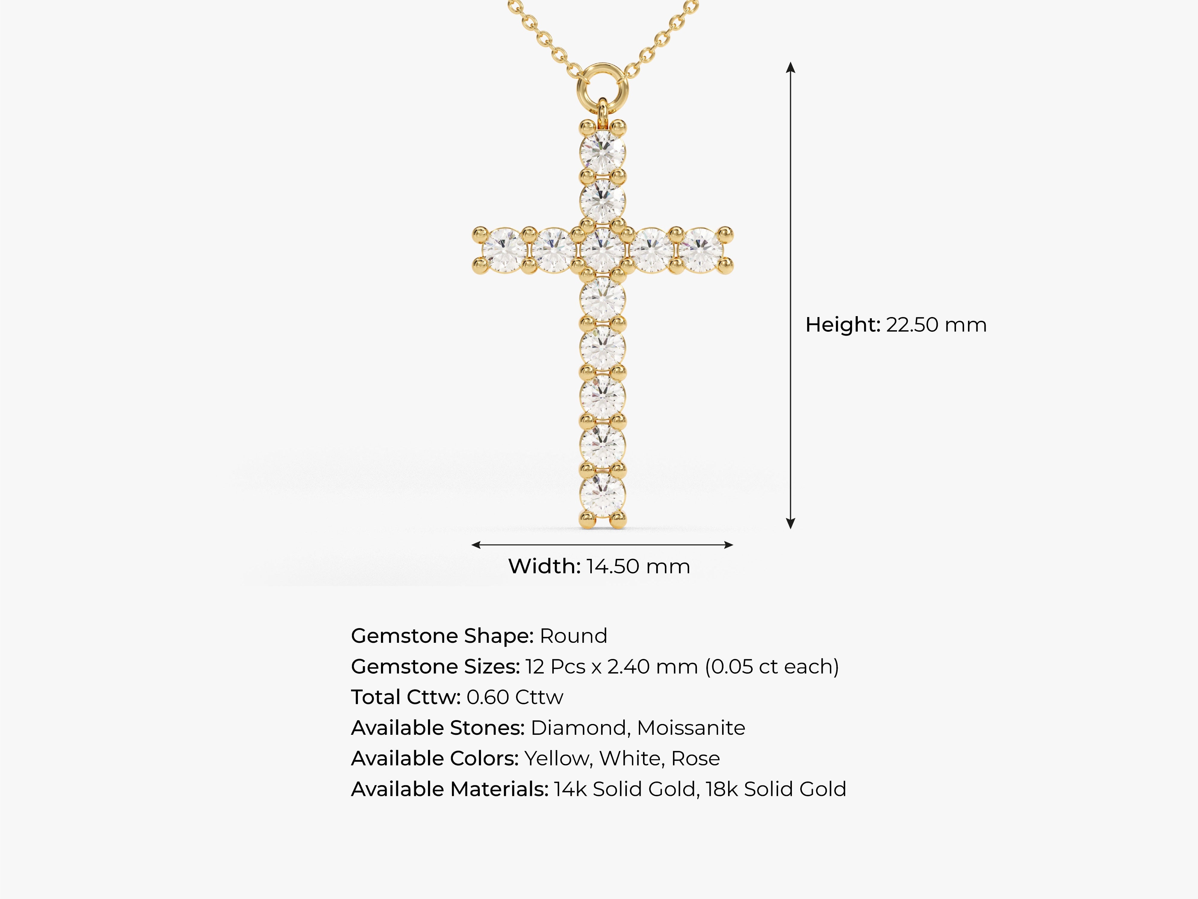 Diamond cross pendant necklace, 14k gold, 0.60 cttw