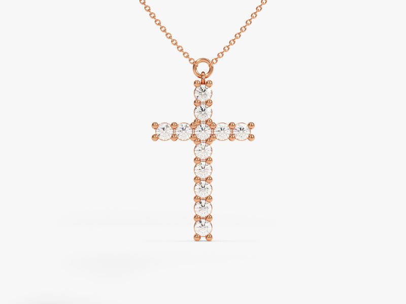 Prong Set Diamond Cross Necklace in 14k Solid Gold