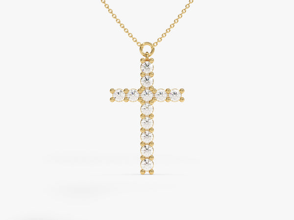 Prong Set Diamond Cross Necklace in 14k Solid Gold