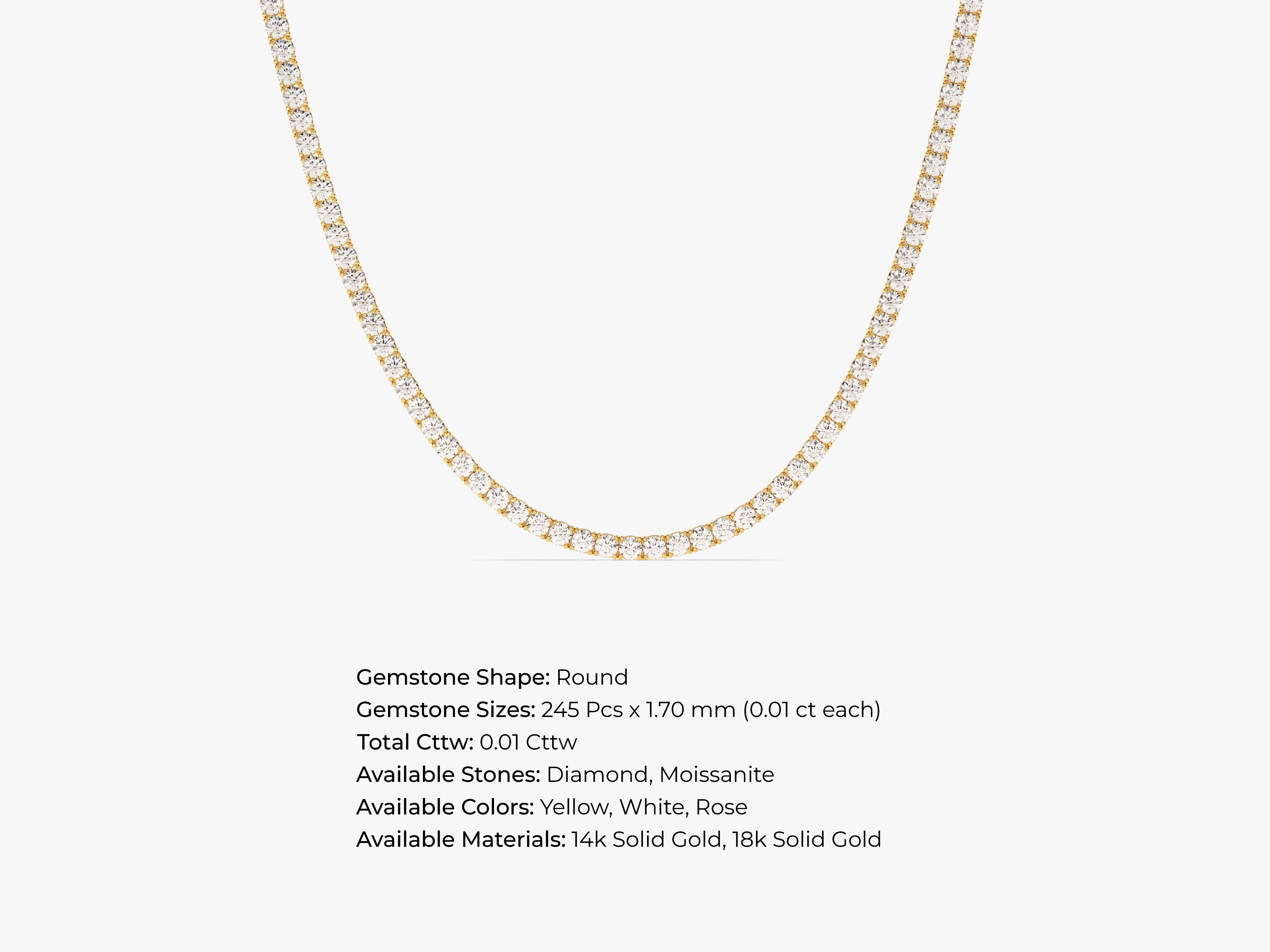 Diamond tennis necklace in yellow gold, white gold, or rose gold