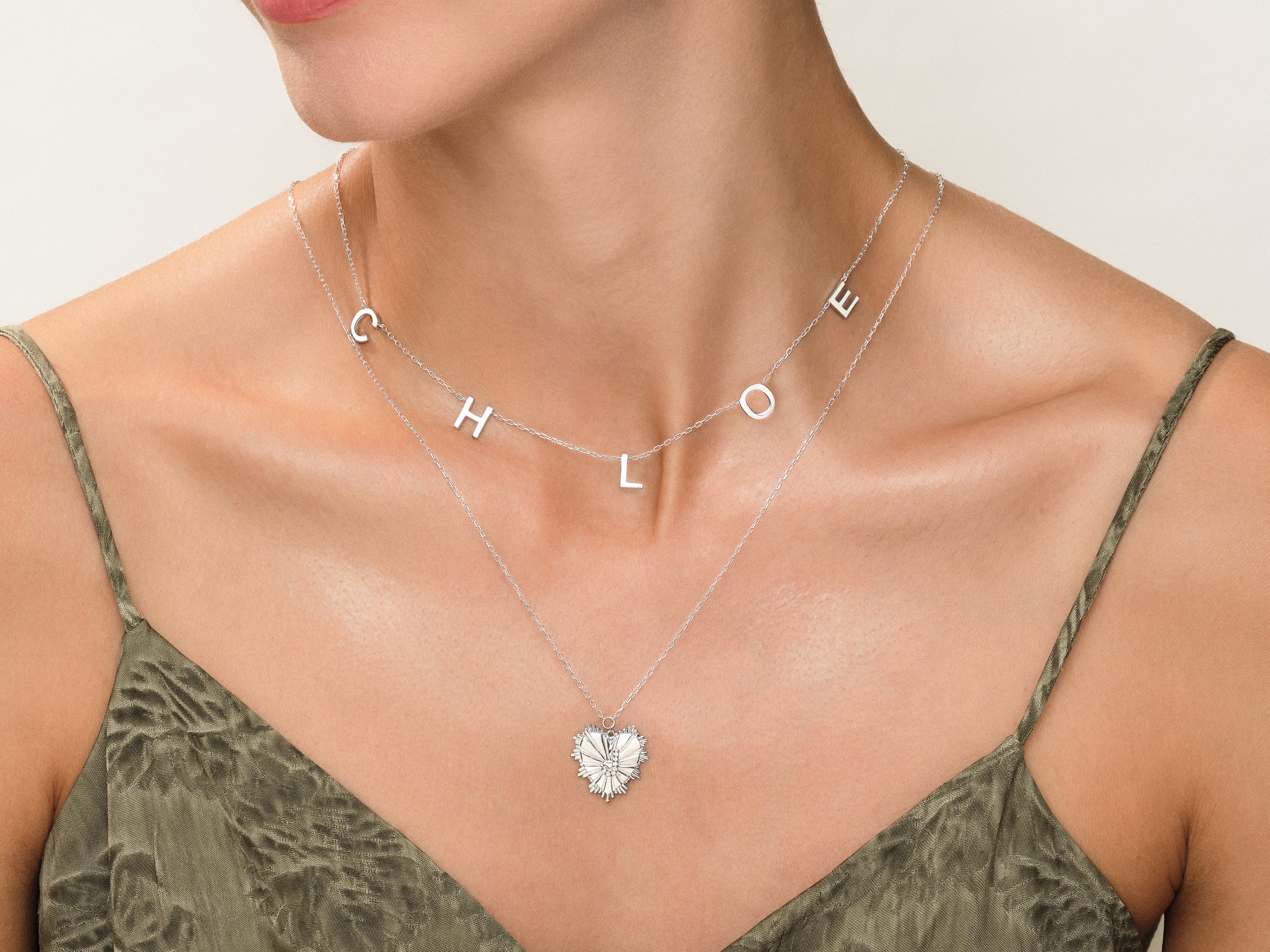 Silver initial necklaces and heart pendant jewelry