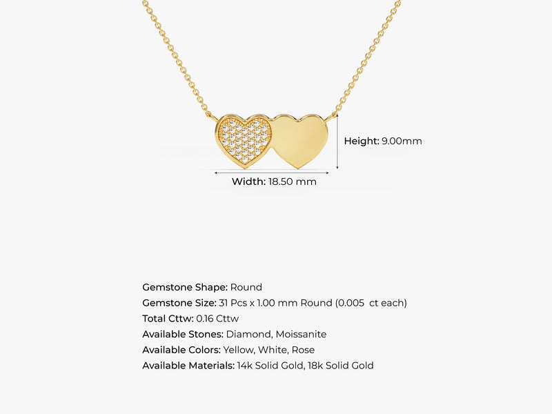 Double Heart Necklace with Diamonds in 14k Solid Gold