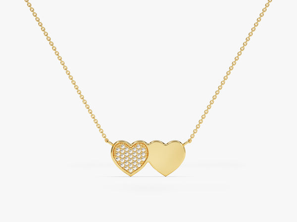 Double Heart Necklace with Diamonds in 14k Solid Gold