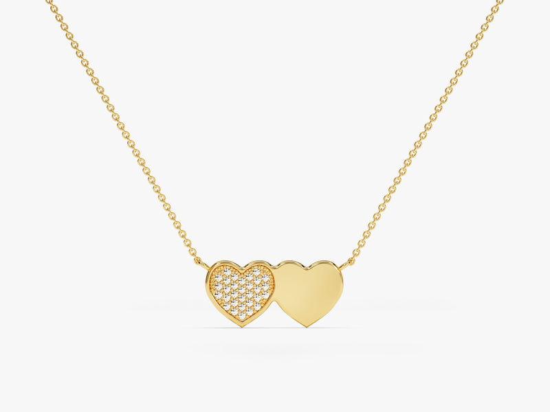 Double Heart Necklace with Diamonds in 14k Solid Gold