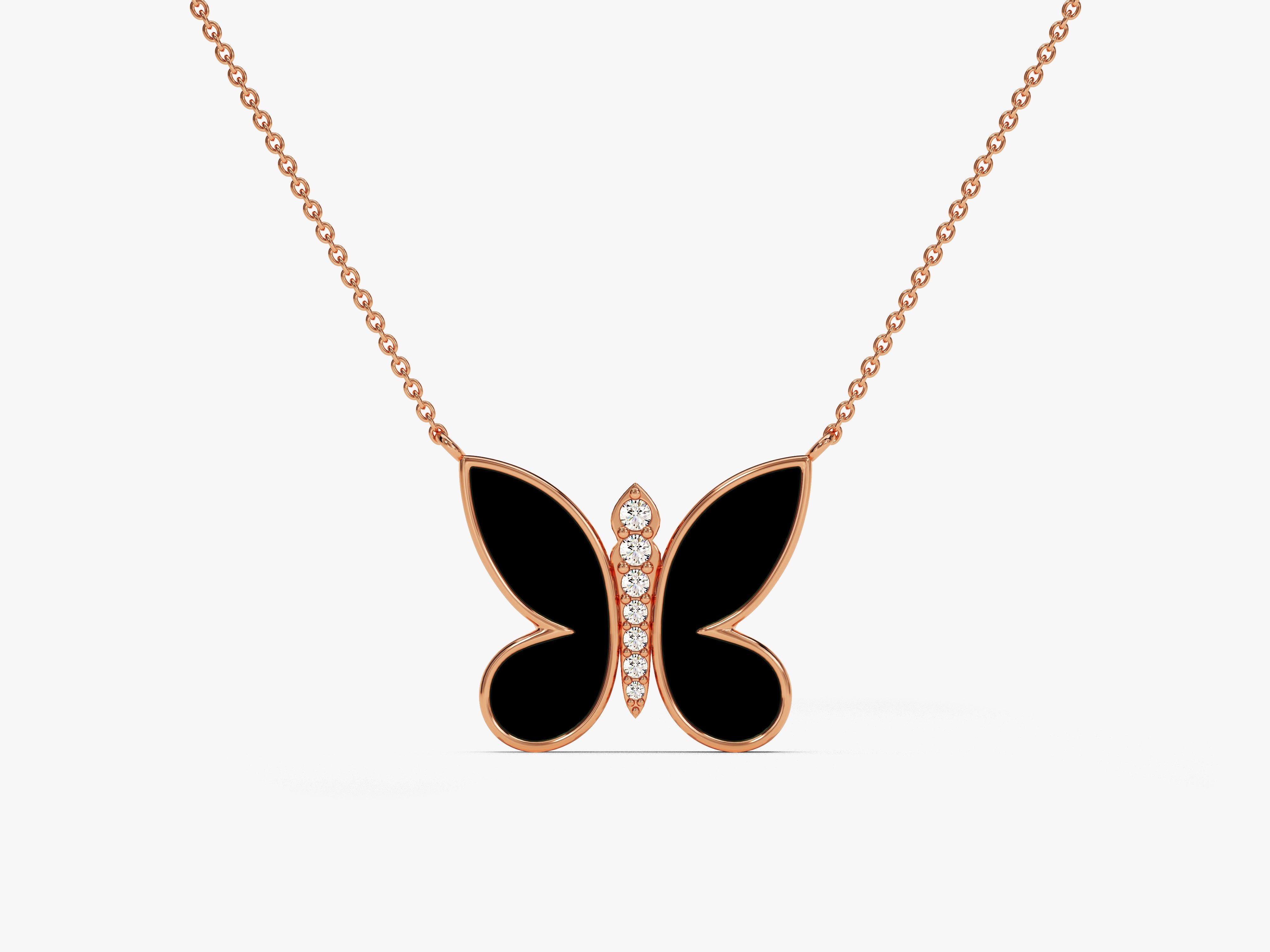 Diamond and black enamel butterfly necklace in rose gold