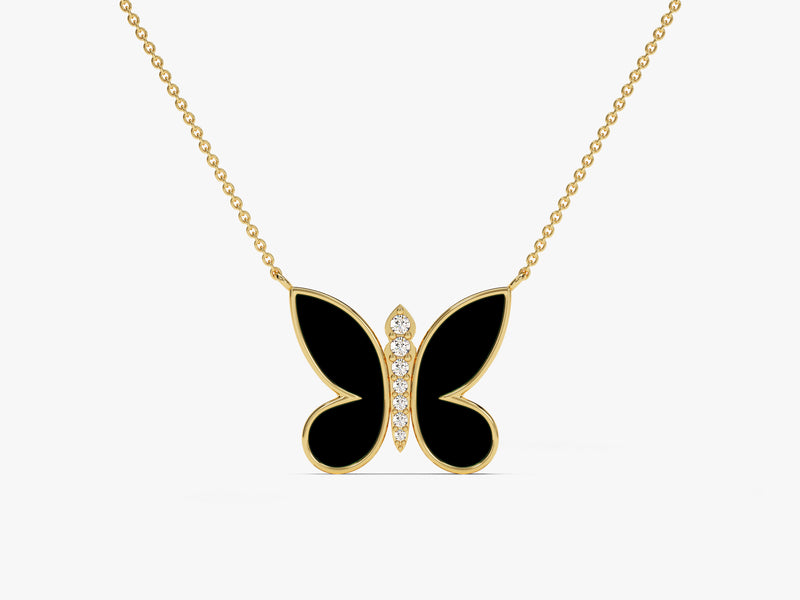 Black Enamel Butterfly Necklace in 14k Solid Gold