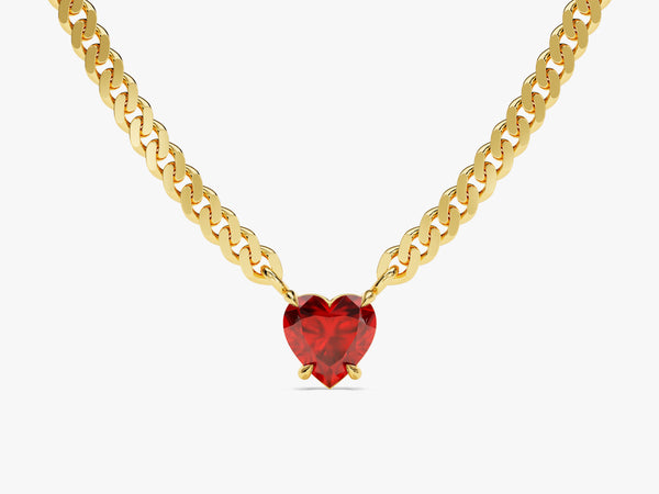 Birthstone Heart Cuban Chain Necklace in 14k Solid Gold
