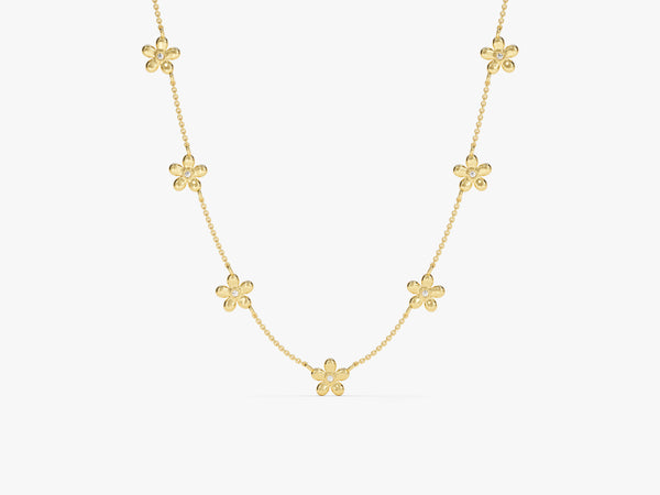 Diamond Flower Station Necklace in 14k Solid Gold