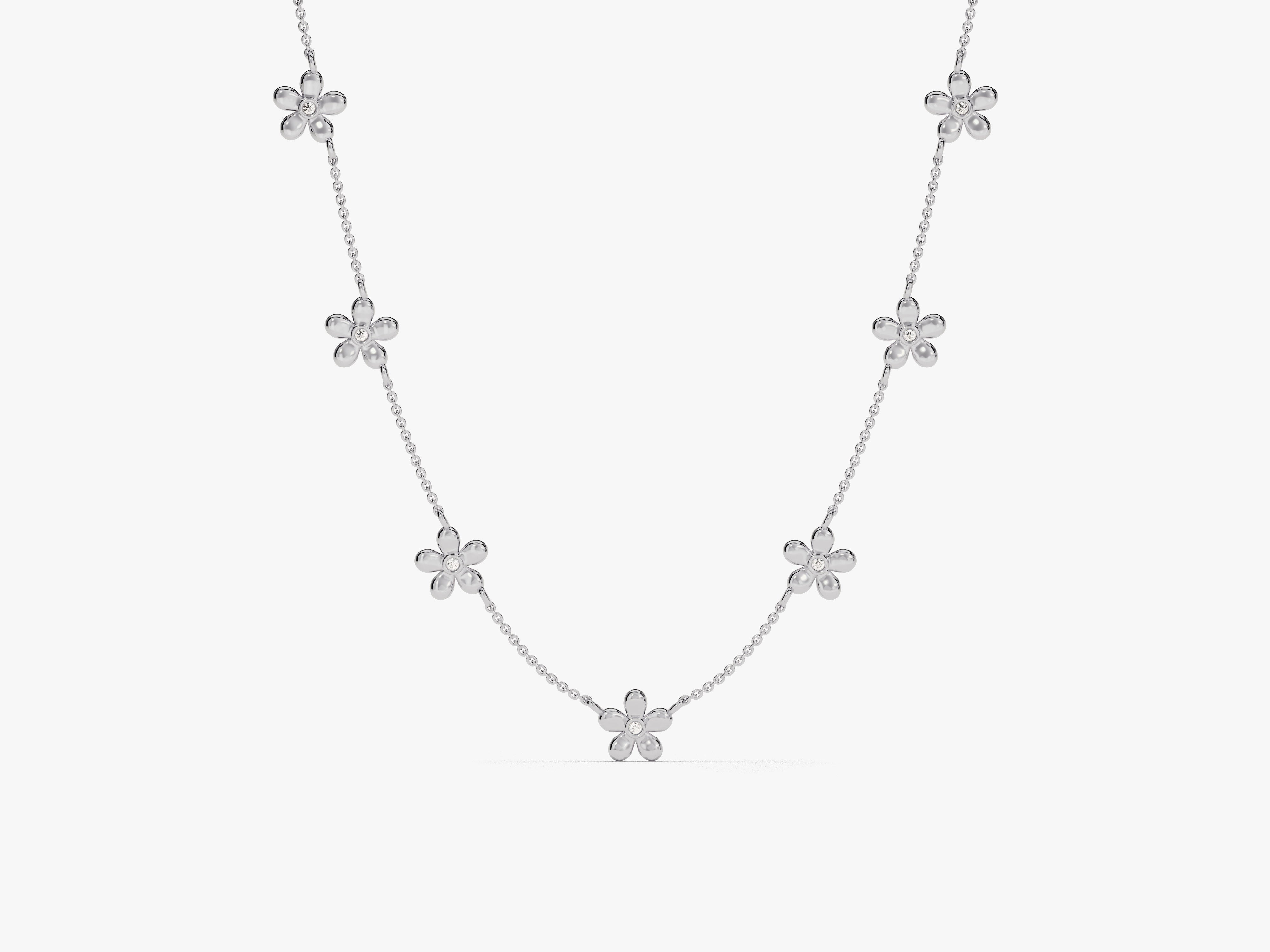 Diamond flower necklace, fine jewelry, elegant silver chain