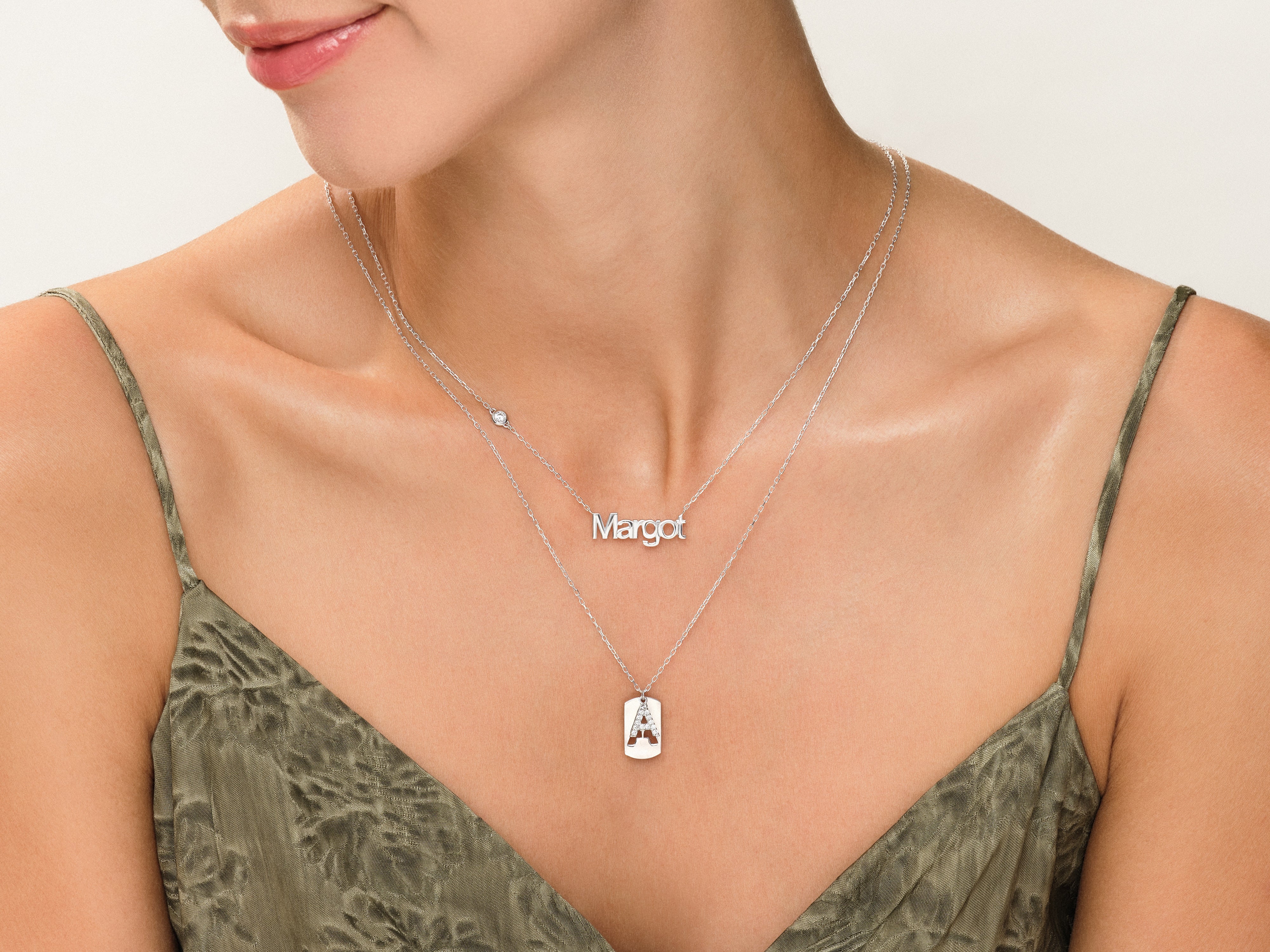 Silver name necklace "Margot" and initial pendant jewelry