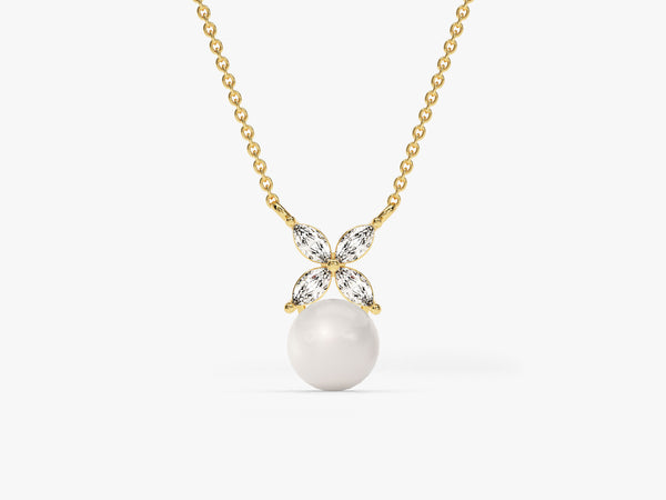 Pearl with Diamond Flower Necklace in 14k Solid Gold
