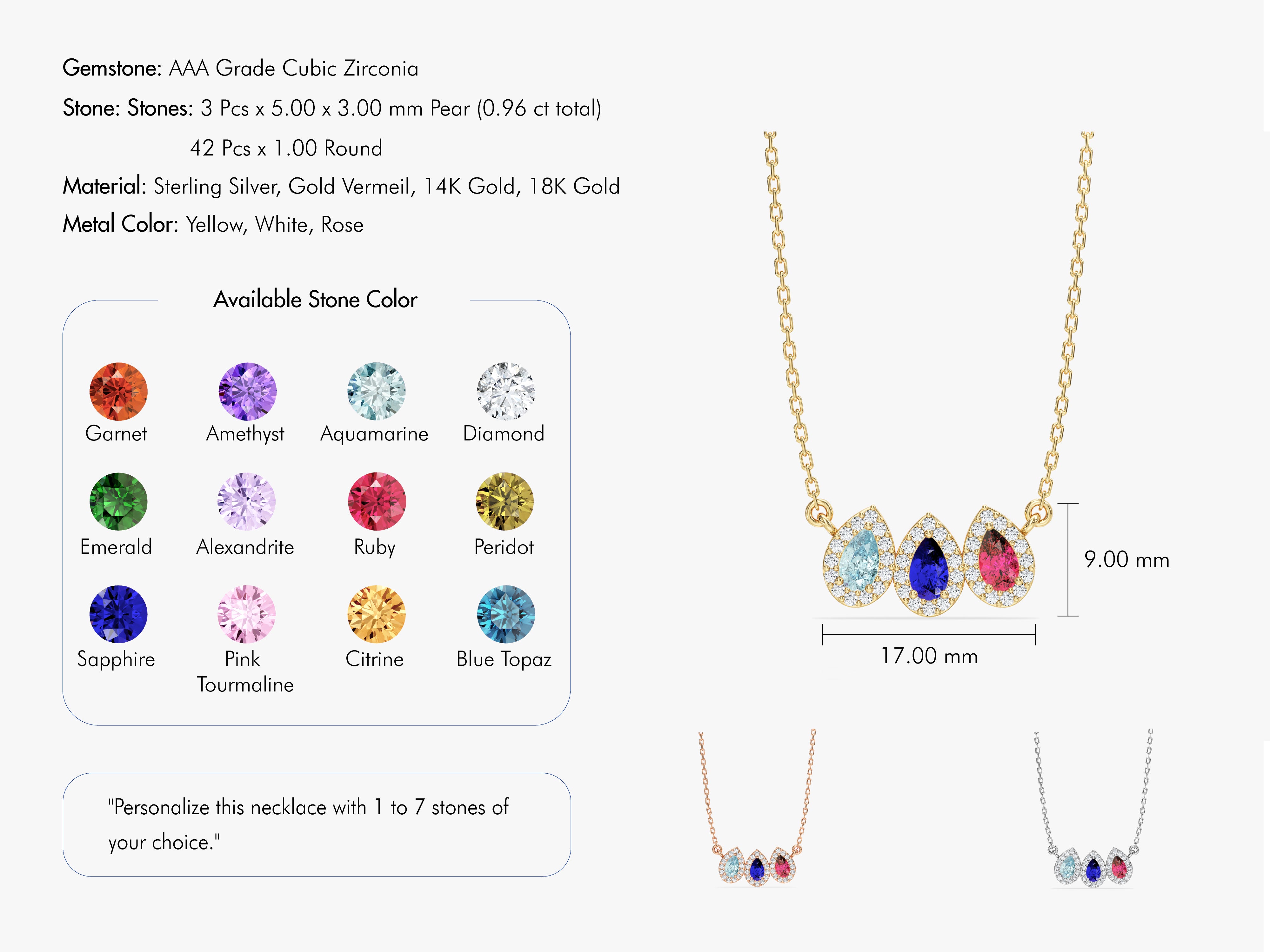 Personalized gemstone necklace with pear-shaped stones and diamond accents