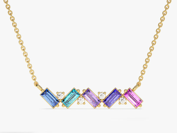 Baguette Family Birthstone Necklace in 14K Solid Gold