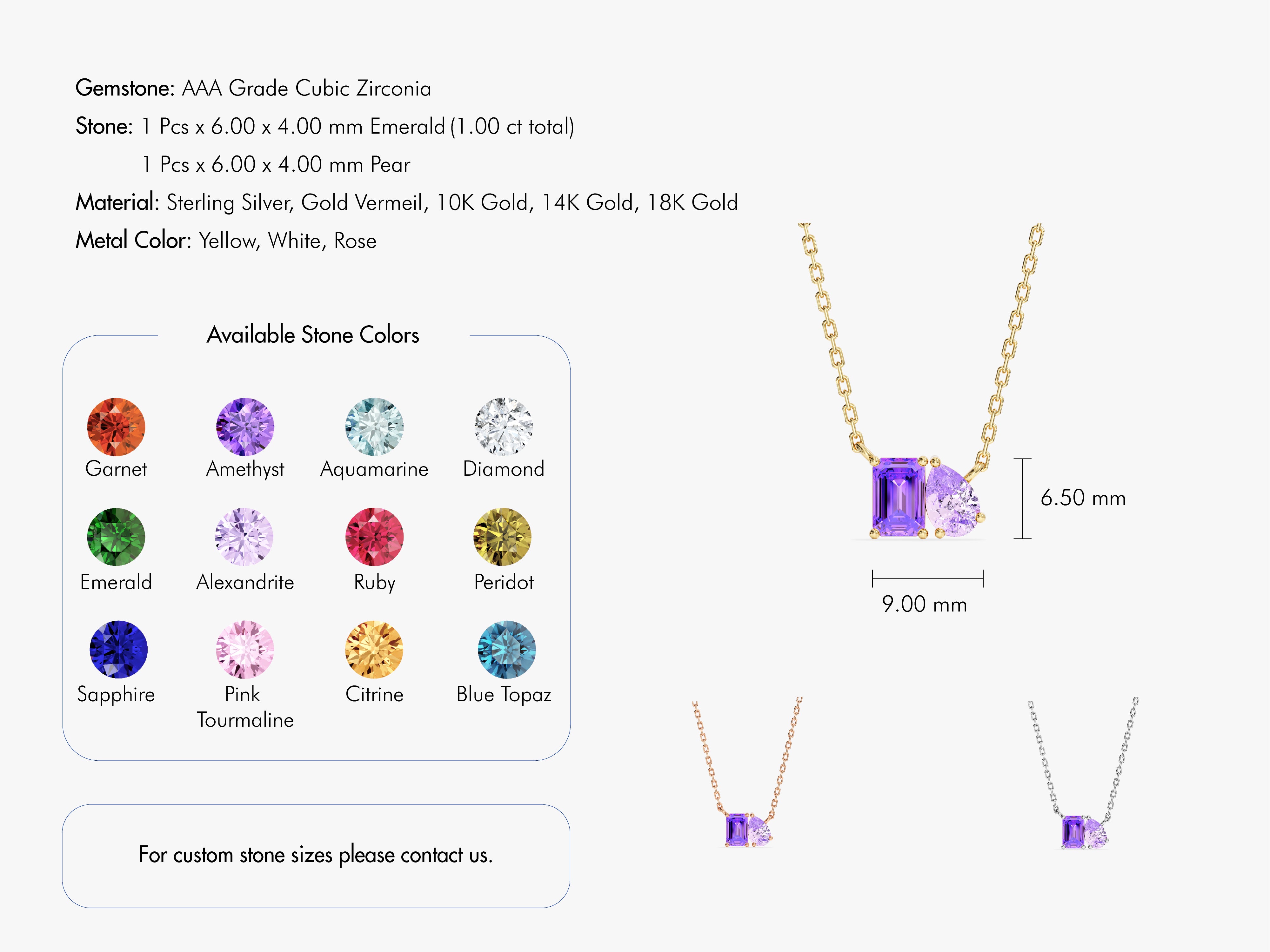 Emerald and pear cut gemstone necklace, available in gold and silver