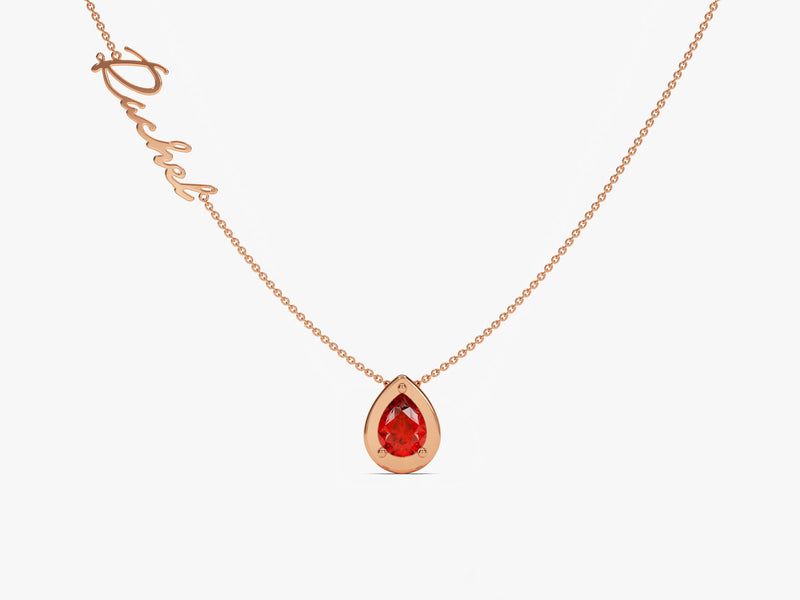 Pear Ruby Name Necklace in 14K Solid Gold