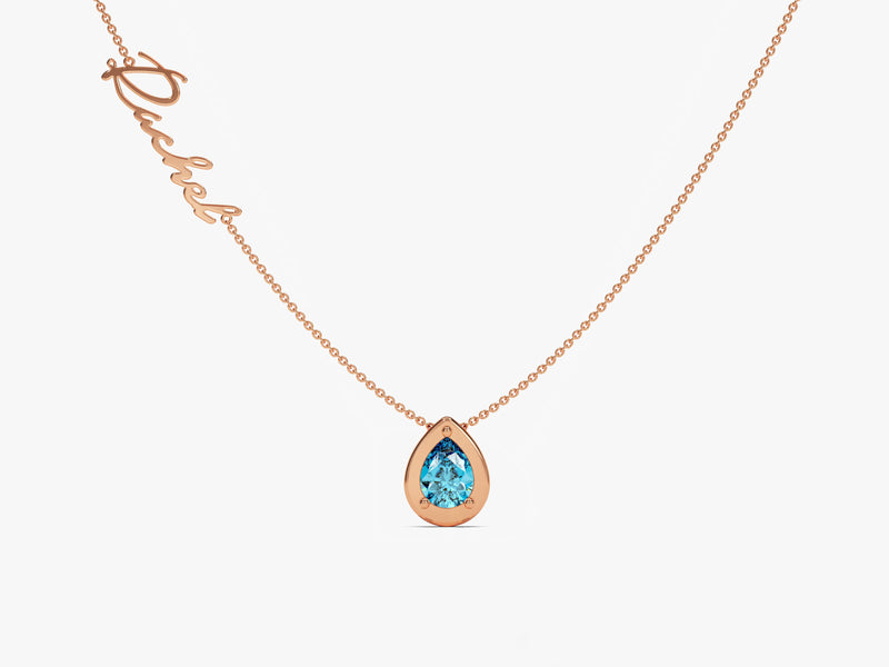 Pear Blue Topaz Name Necklace in 14K Solid Gold