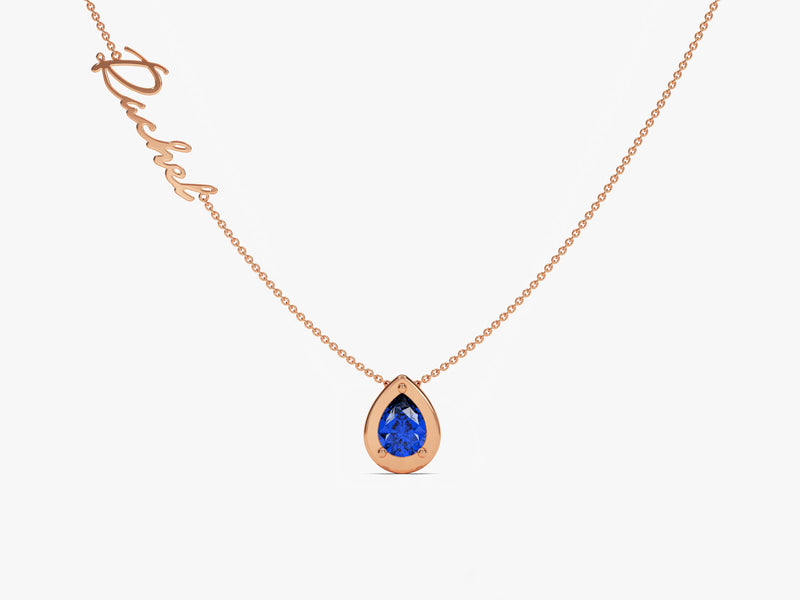 Pear Sapphire Name Necklace in 14K Solid Gold