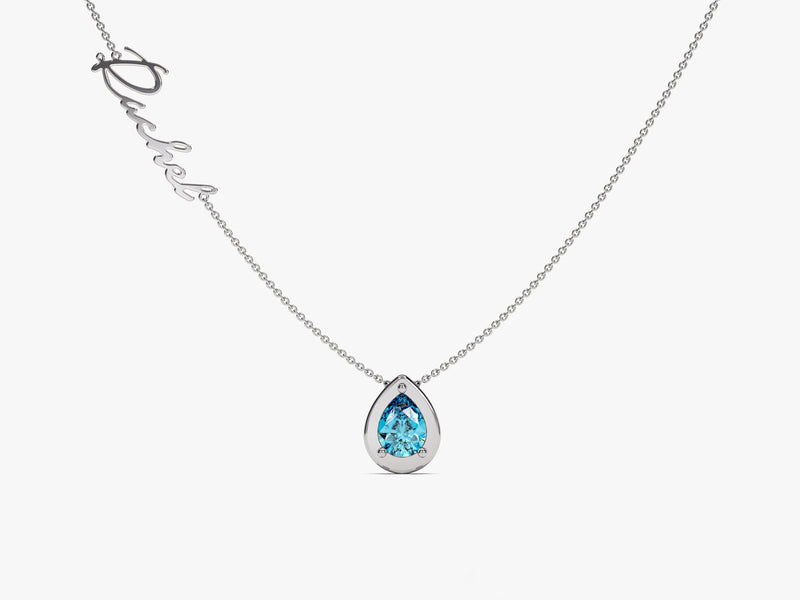 Pear Blue Topaz Name Necklace in 14K Solid Gold