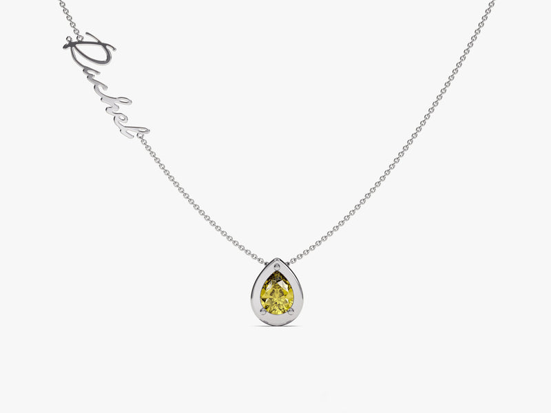 Pear Peridot Name Necklace in 14K Solid Gold