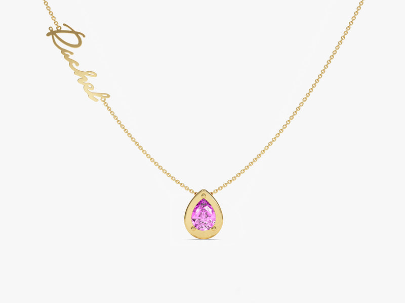 Pear Pink Tourmaline Name Necklace in 14K Solid Gold